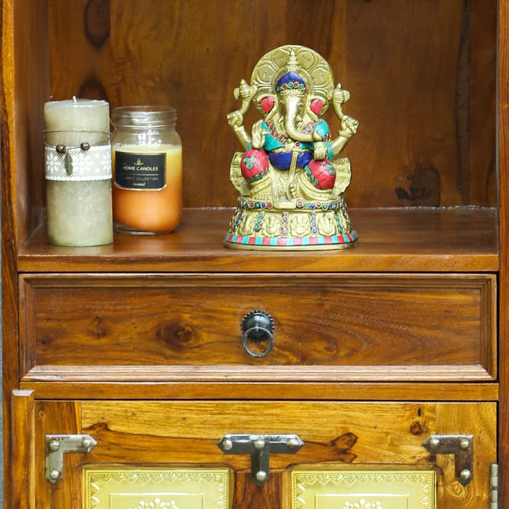 Wooden Brass Block One Door One Drawer Temple - Art and craft furniture