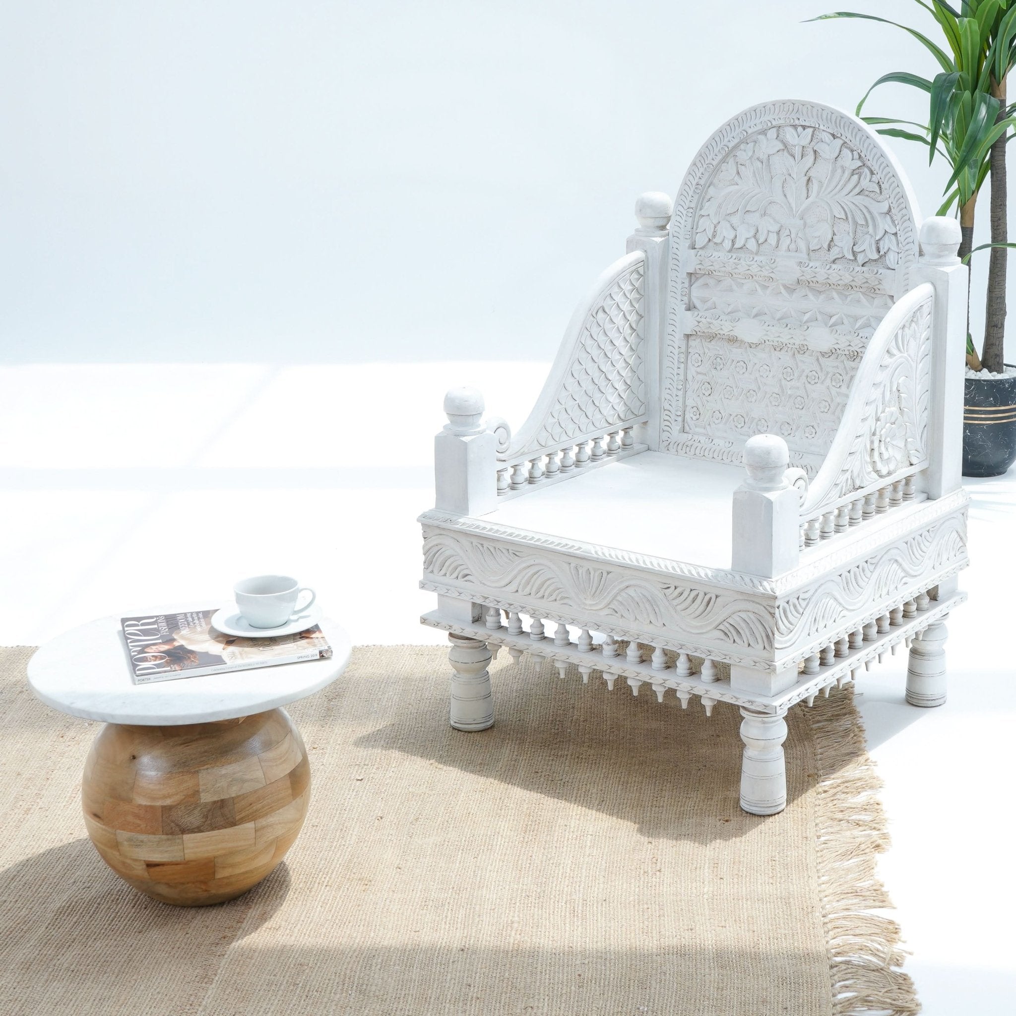 WOODEN CARVED SINGLE SEATER SOFA - Art and craft furniture