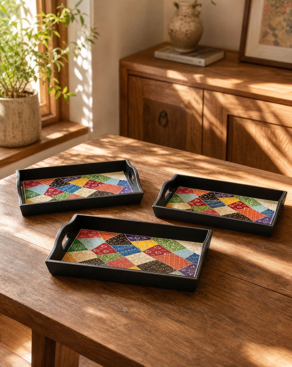 Wooden Hand painted Tray Set of Three - Art and craft furniture