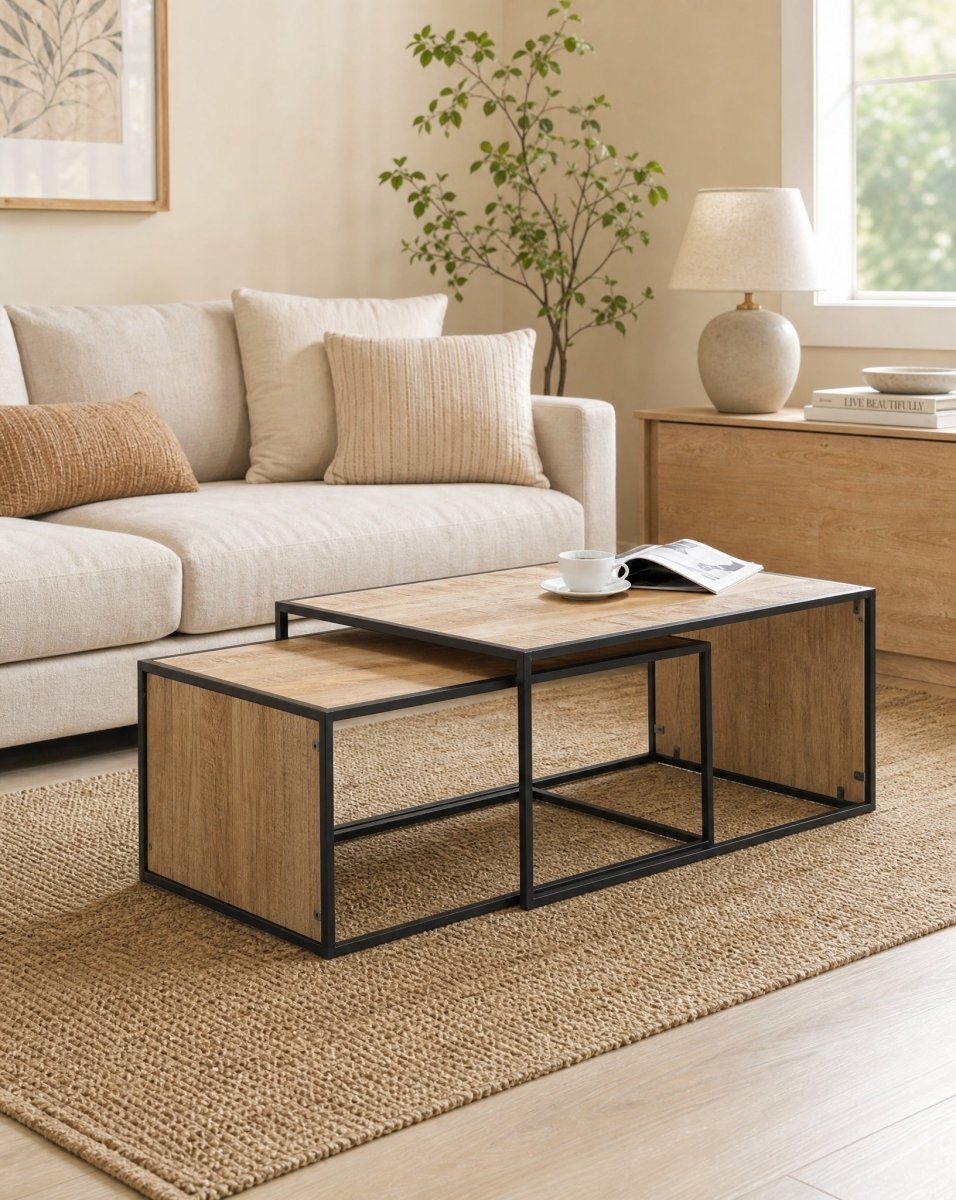 Wooden Iron Unity Oak Coffee Table - Art and craft furniture