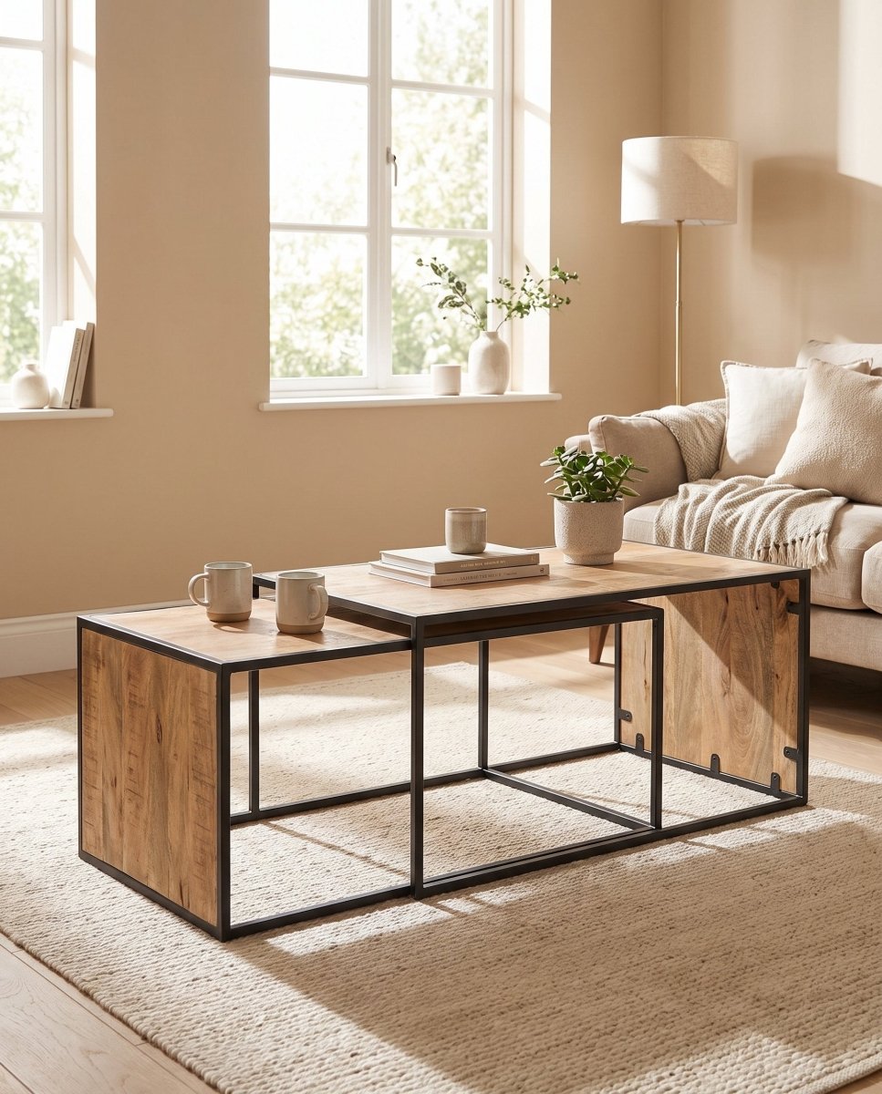 Wooden Iron Unity Oak Coffee Table - Art and craft furniture