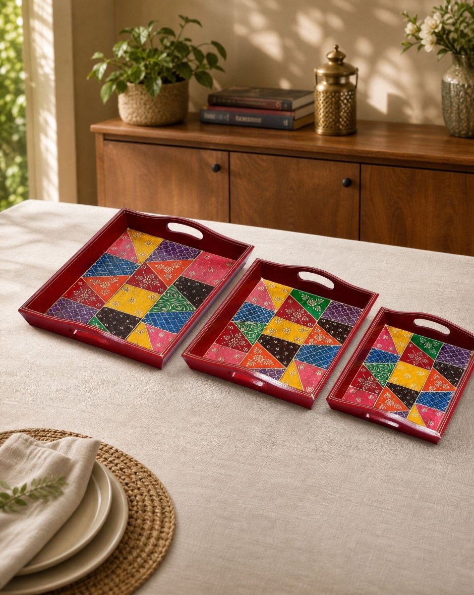 Wooden Painted Tray Set Of Three - Art and craft furniture