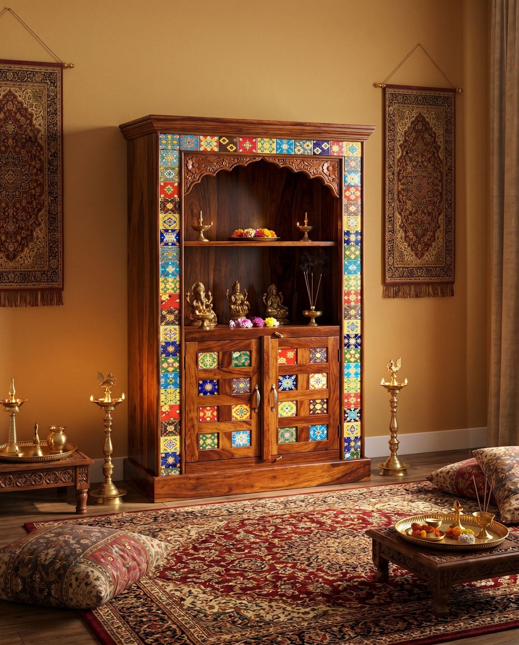 WOODEN TILE TWO DOOR TEMPLE - Art and craft furniture
