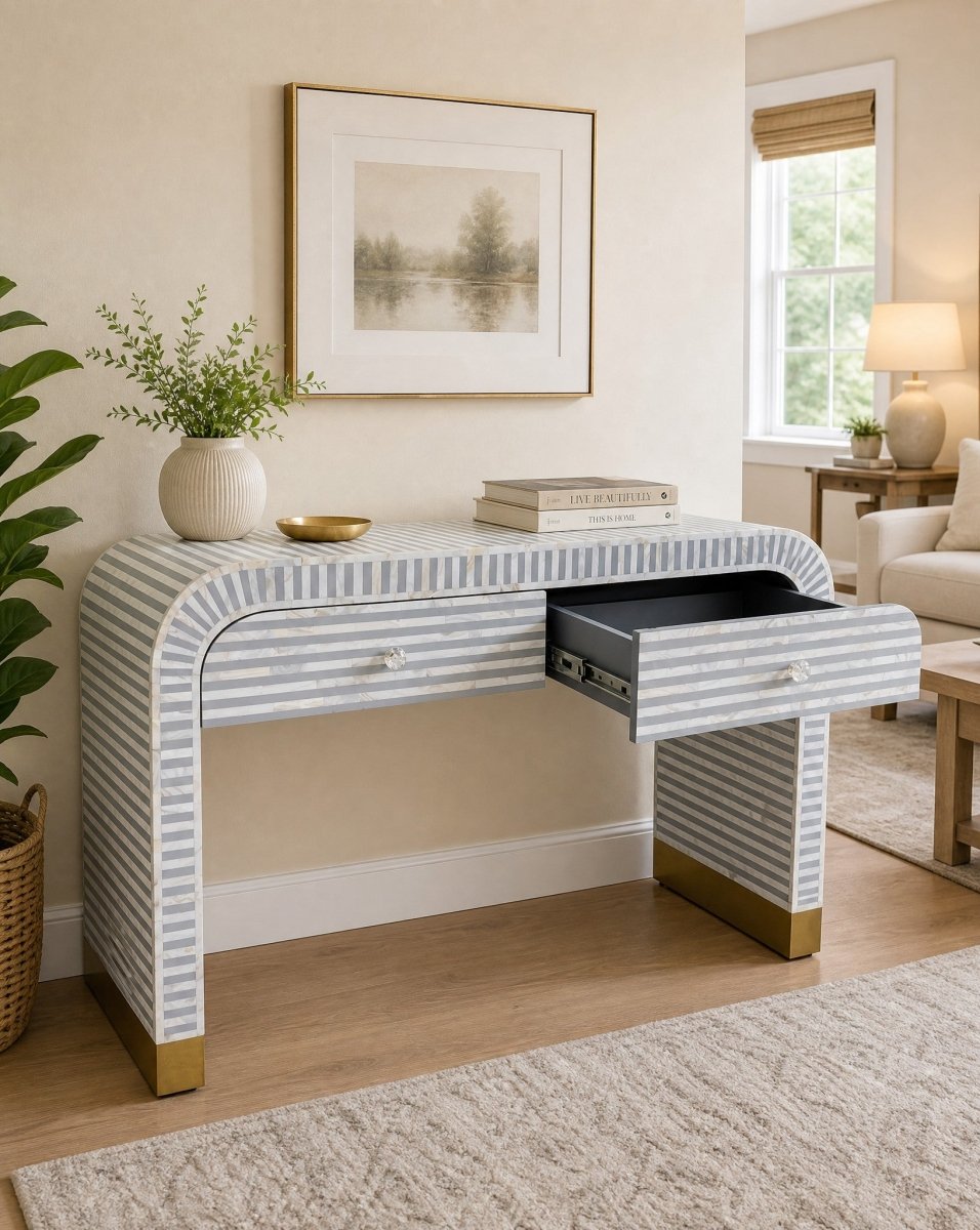 Zelora Grey 2 Drawer Inlay Console Table - Art and craft furniture