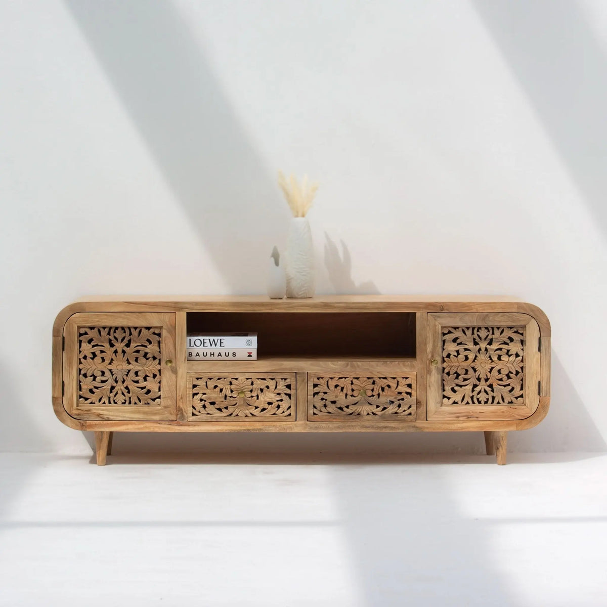 ZENVIA WOODEN CARVING TWO DOOR TWO DRAWER TV STAND - Art and craft furniture