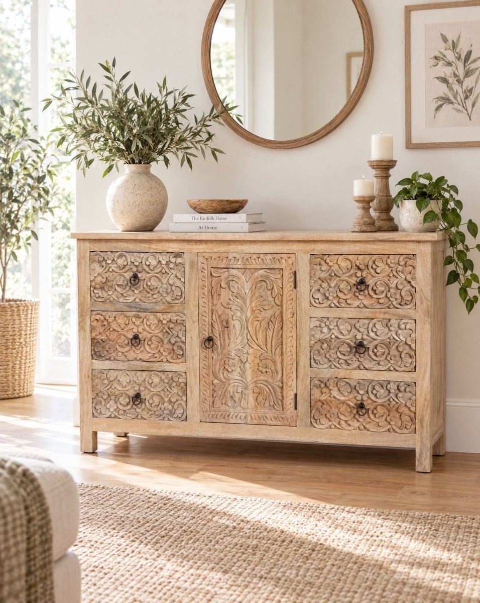 Zorena Carving 6 Drawer 1 Door Sideboard - Art and craft furniture