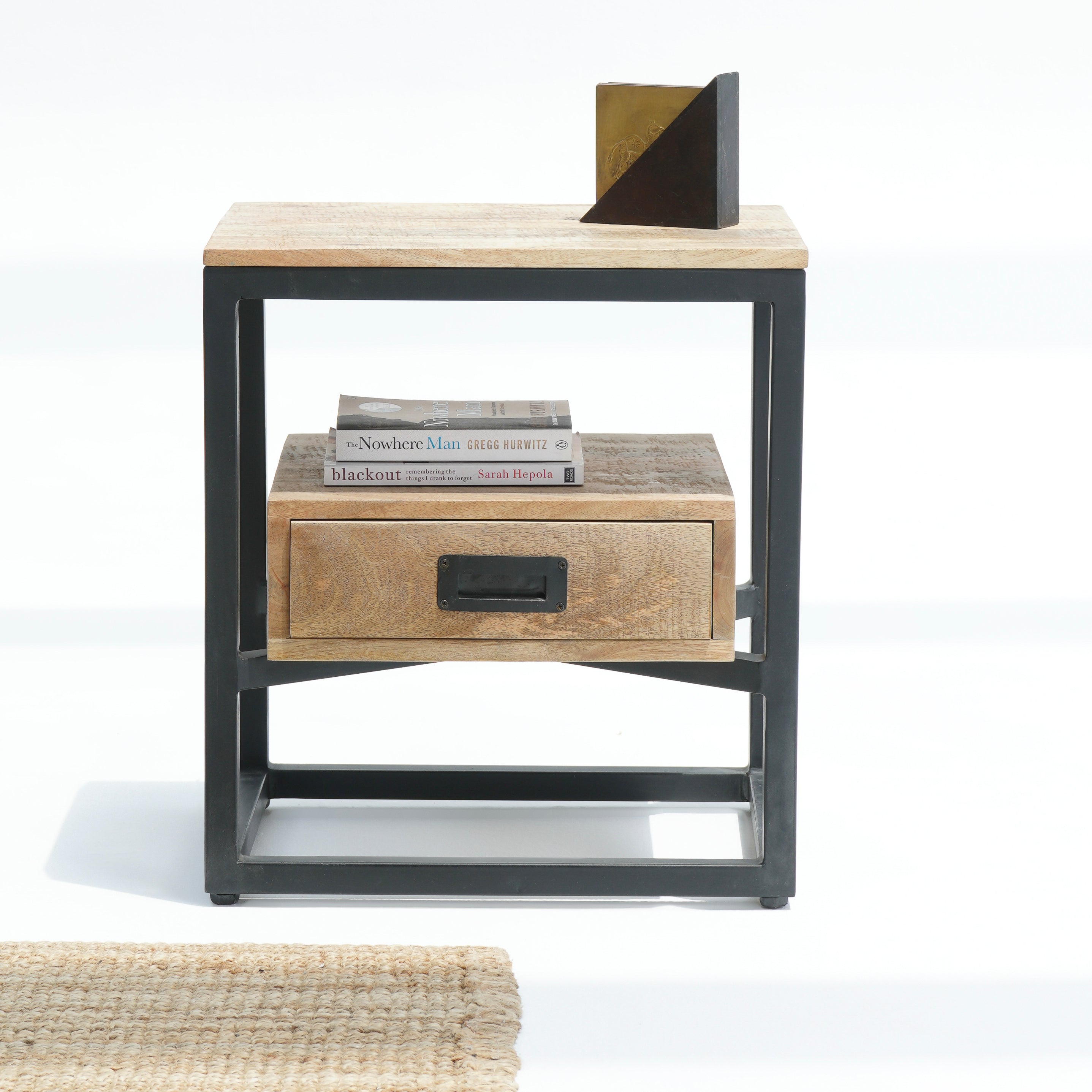 Cozy Maple Black Metal Bedside Table