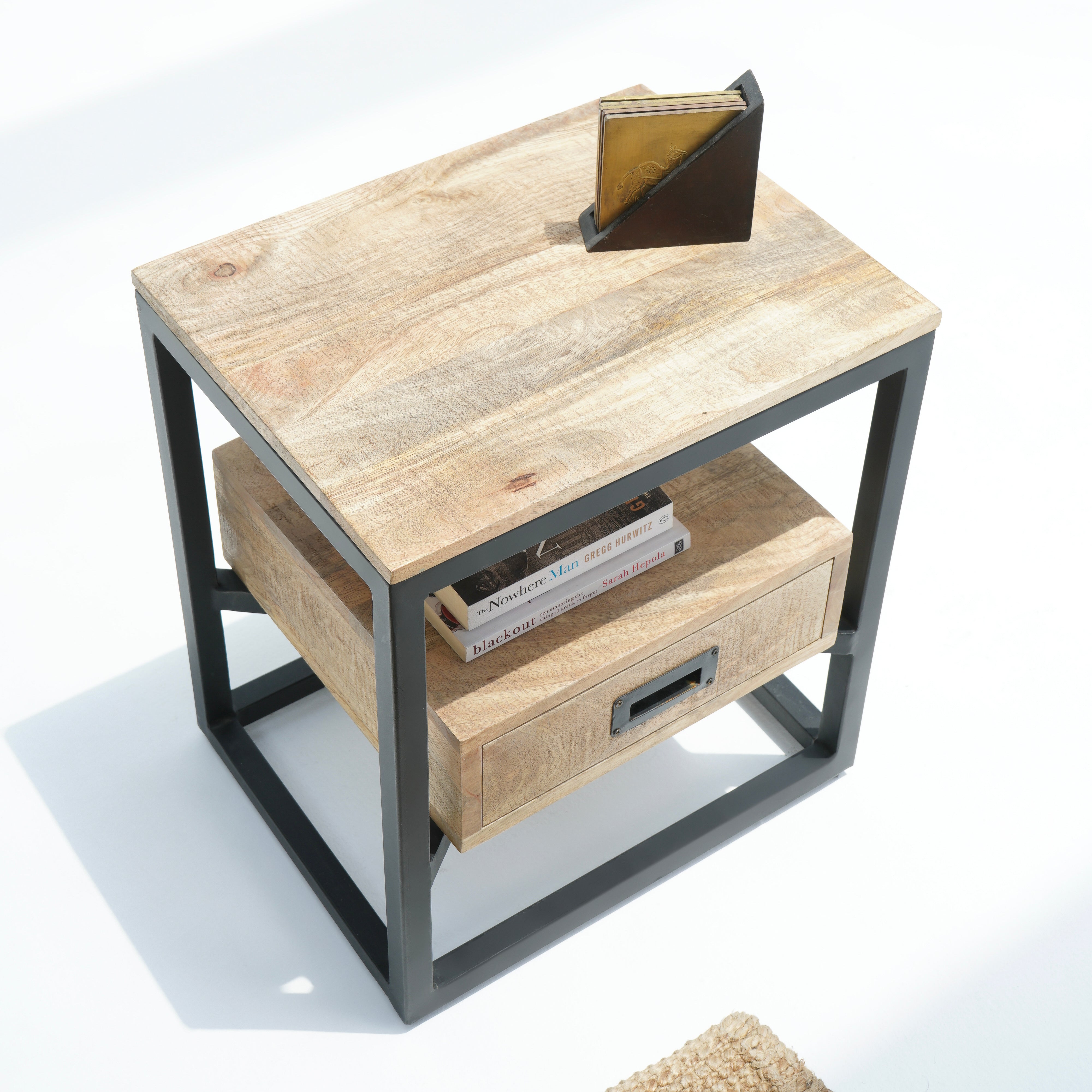 Cozy Maple Black Metal Bedside Table
