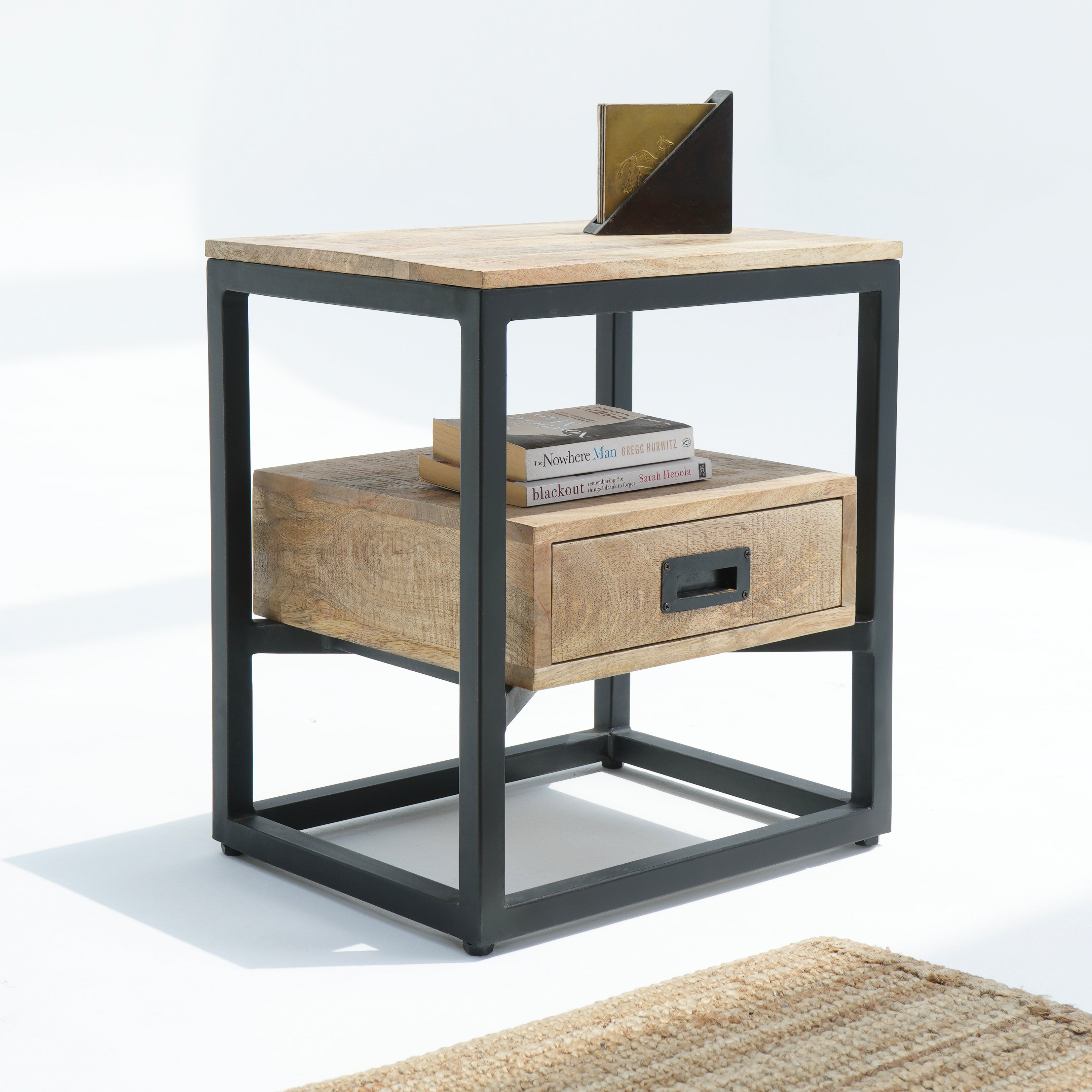 Cozy Maple Black Metal Bedside Table