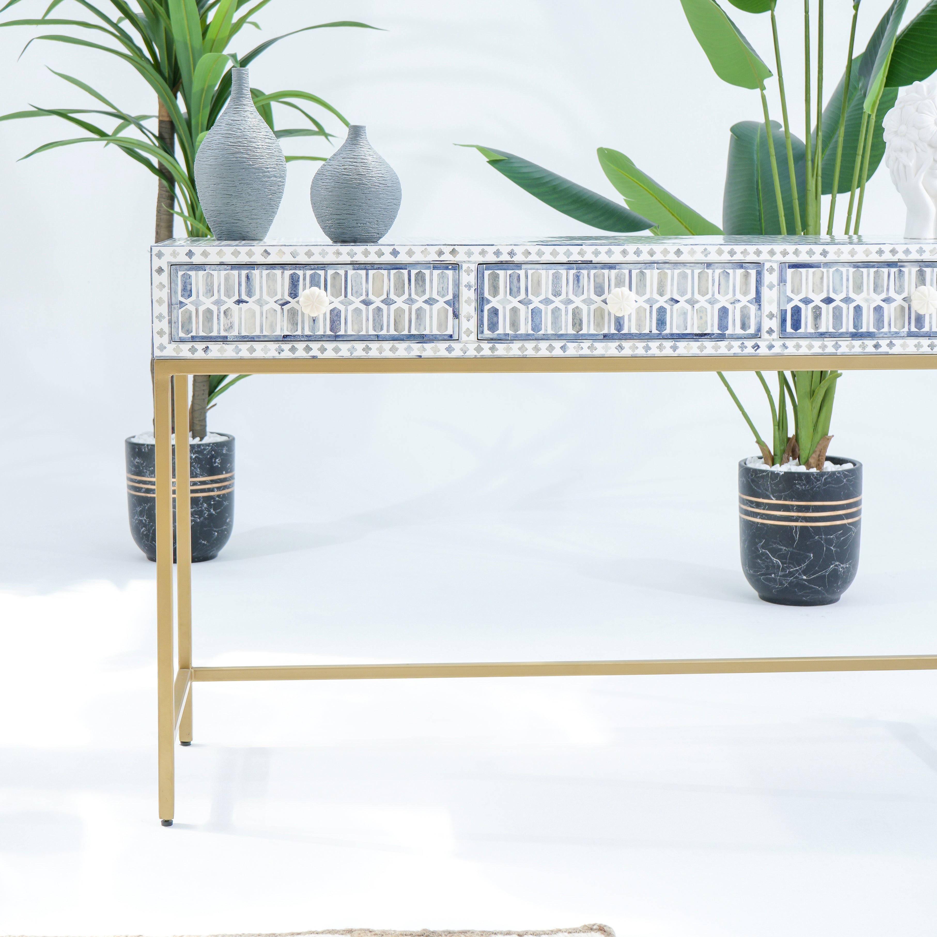 INLAY THREE DRAWER LIGHT BLUE CONSOLE
