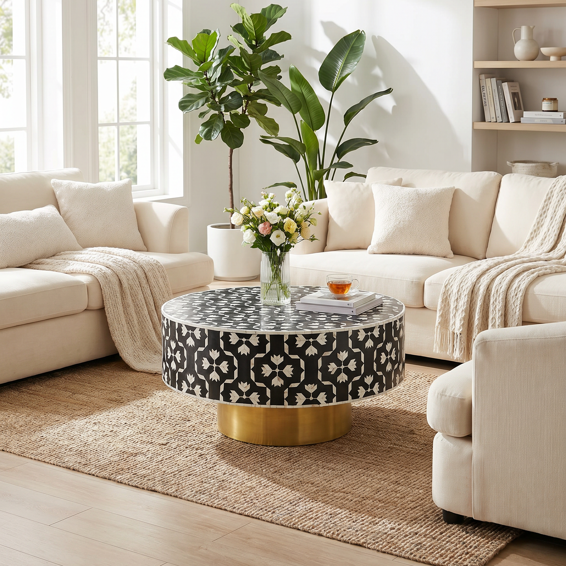 Modern living room with beige sofas, a patterned coffee table, and decorative plants.
