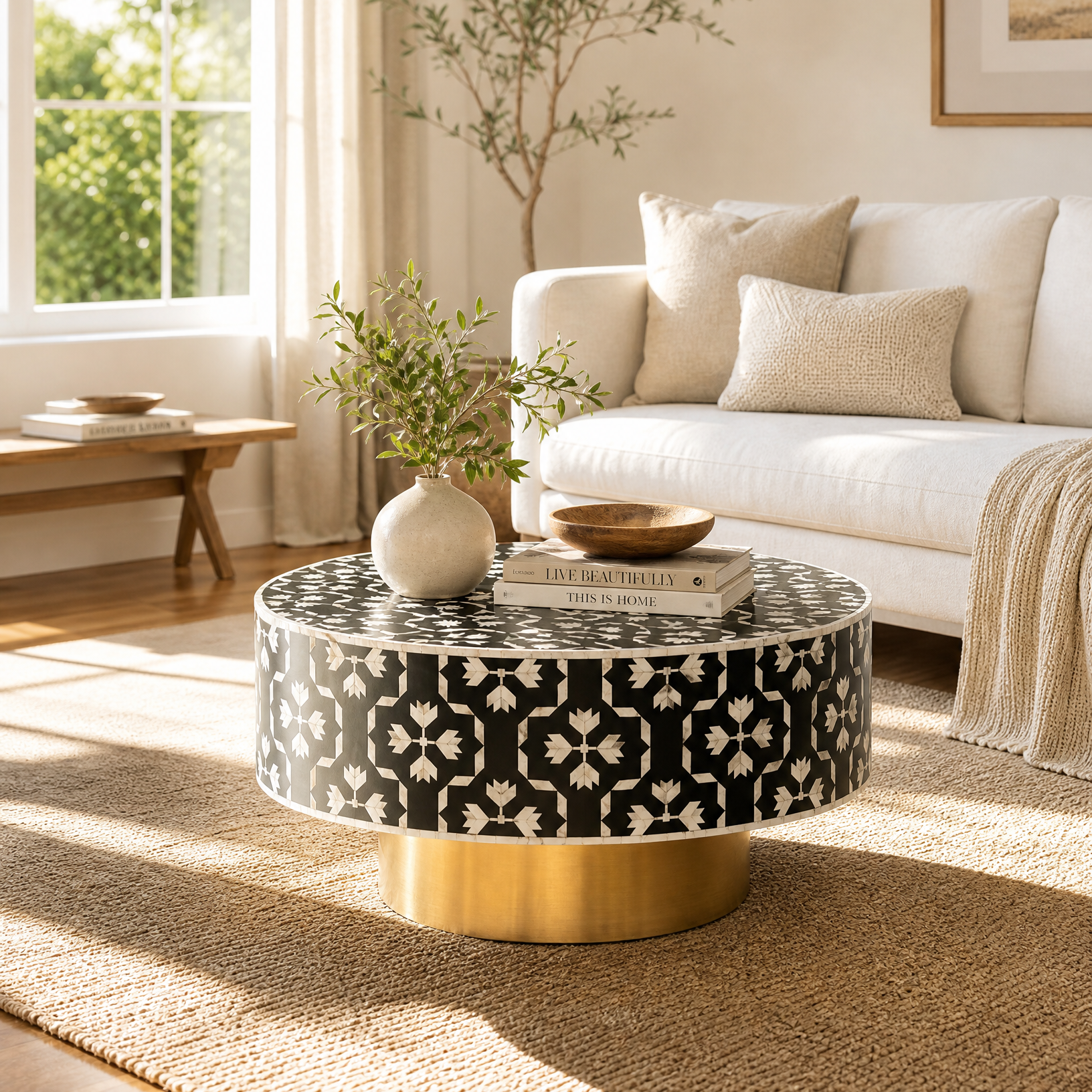 Living room with a patterned coffee table, white sofa, and decorative elements.