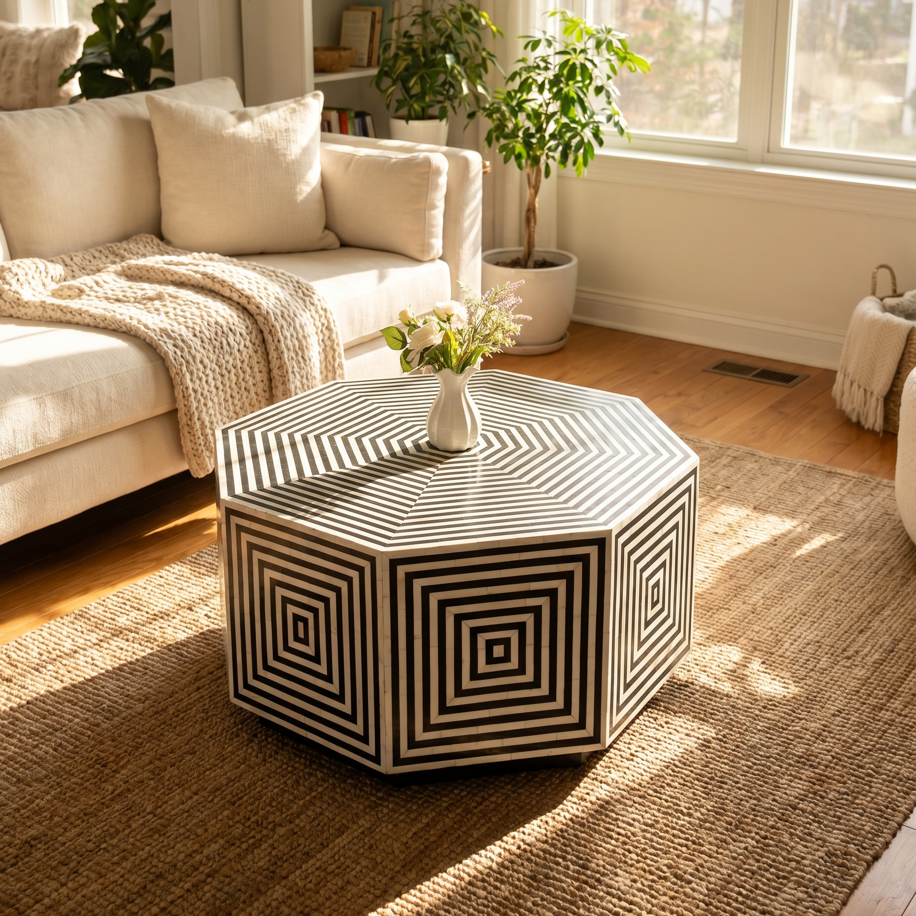 Living room with a hexagonal patterned coffee table, beige sofa, and plants.
