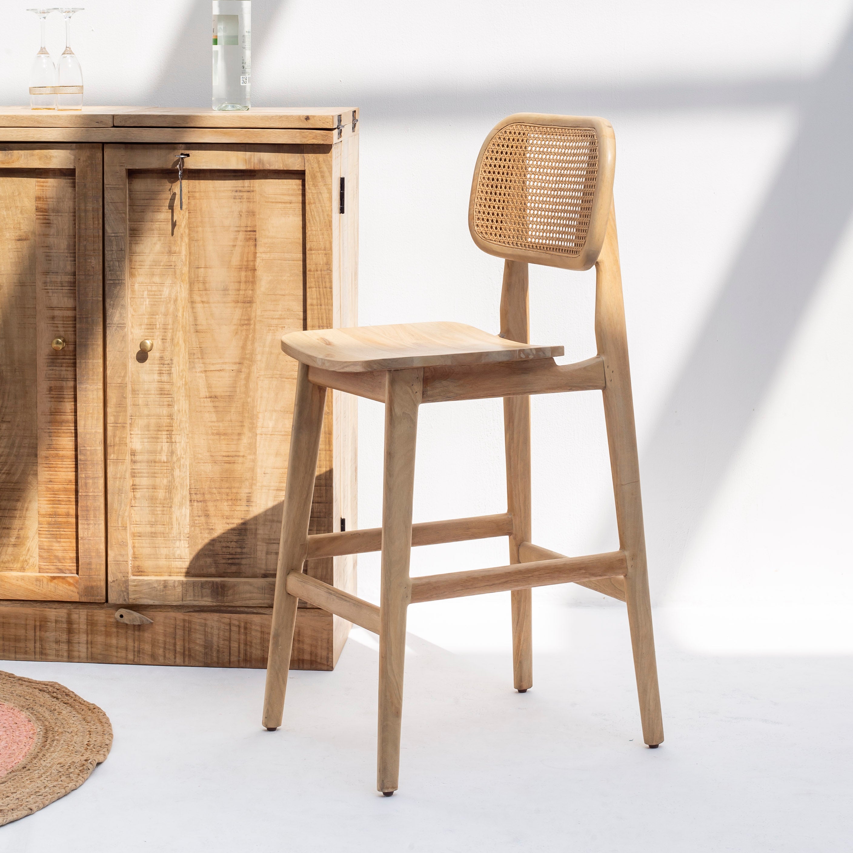 MINIMALIST WOODEN RATTAN BAR STOOL