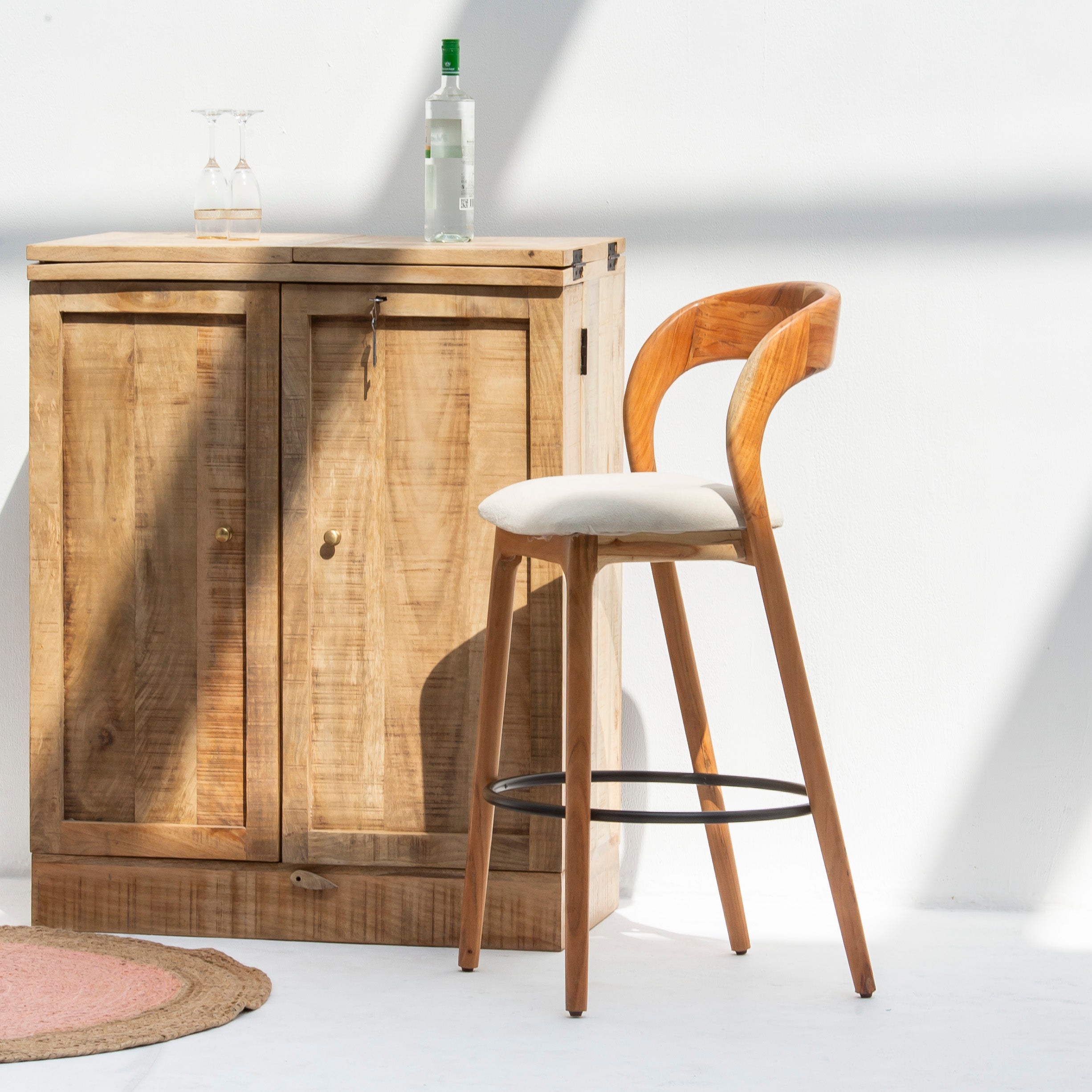 MINIMALIST ACACIA WOOD WITH FABRIC BAR STOOL