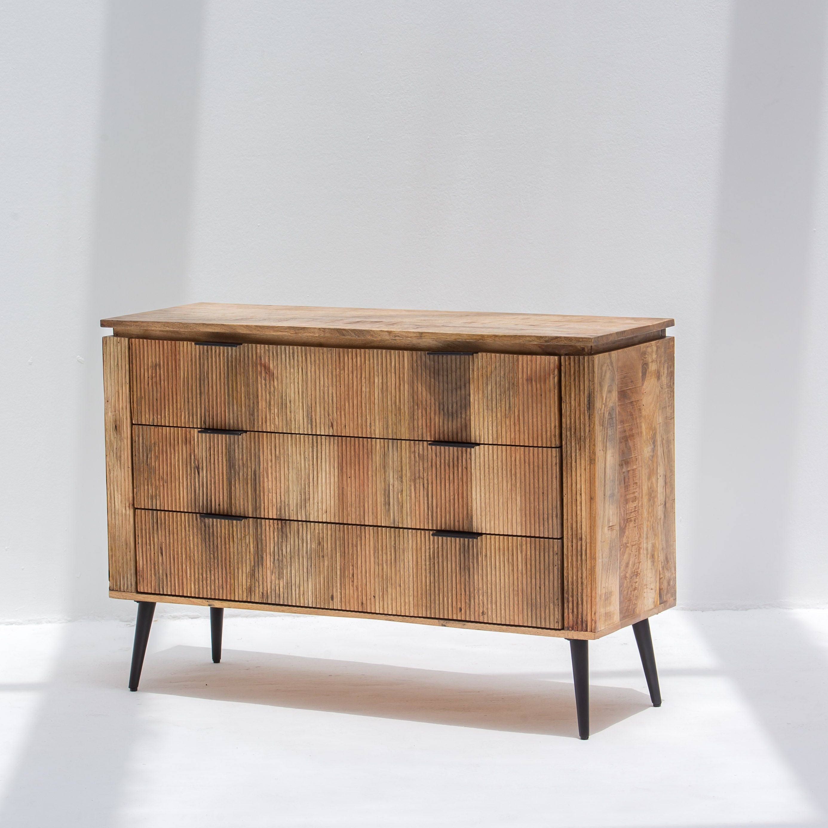 FLUTELINE WOODEN THREE DRAWER DRAWCHEST