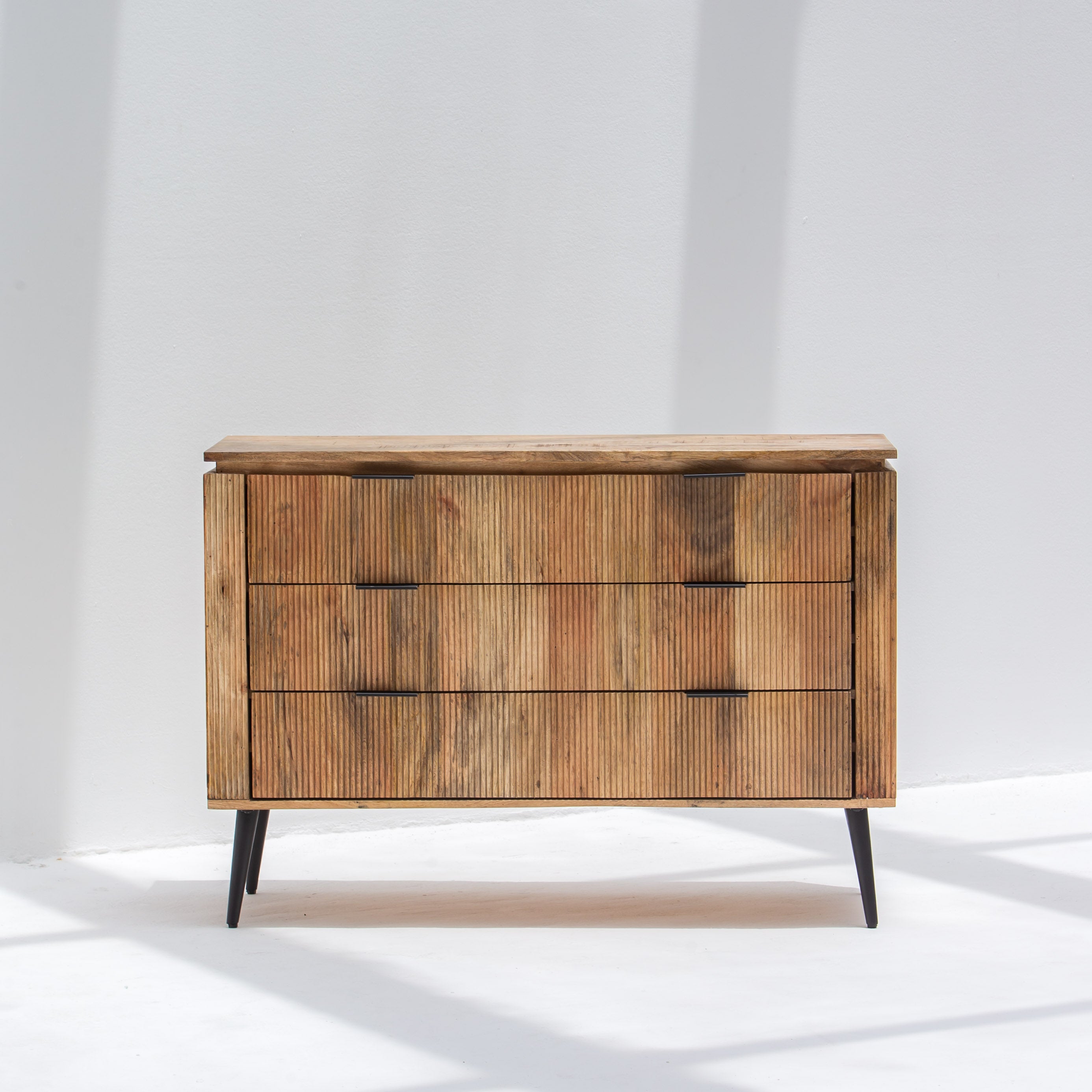 FLUTELINE WOODEN THREE DRAWER DRAWCHEST