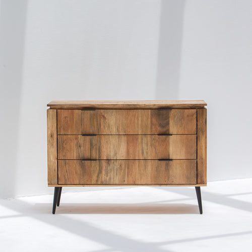 FLUTELINE WOODEN THREE DRAWER DRAWCHEST