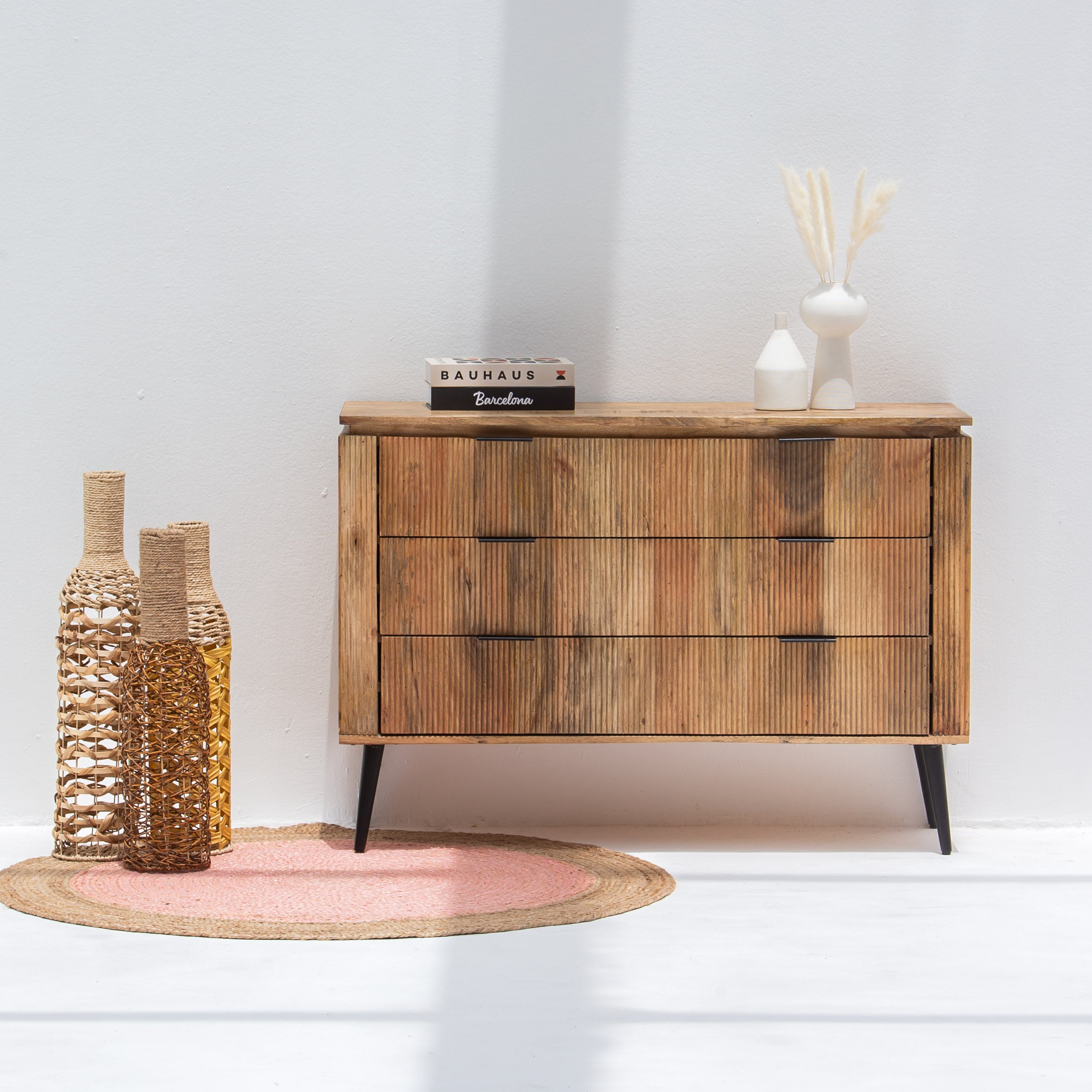 FLUTELINE WOODEN THREE DRAWER DRAWCHEST