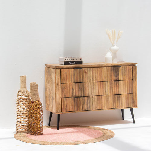 FLUTELINE WOODEN THREE DRAWER DRAWCHEST