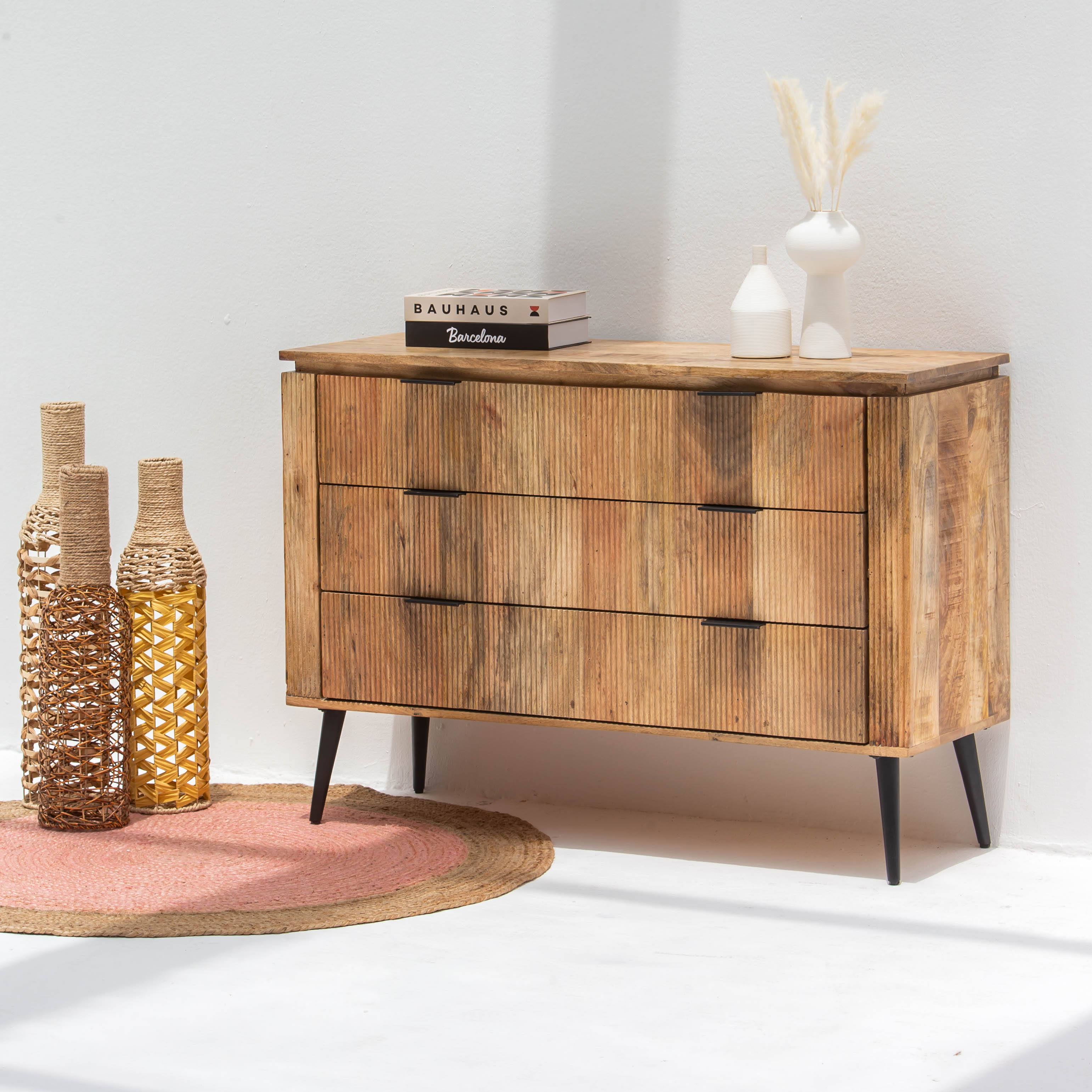 FLUTELINE WOODEN THREE DRAWER DRAWCHEST