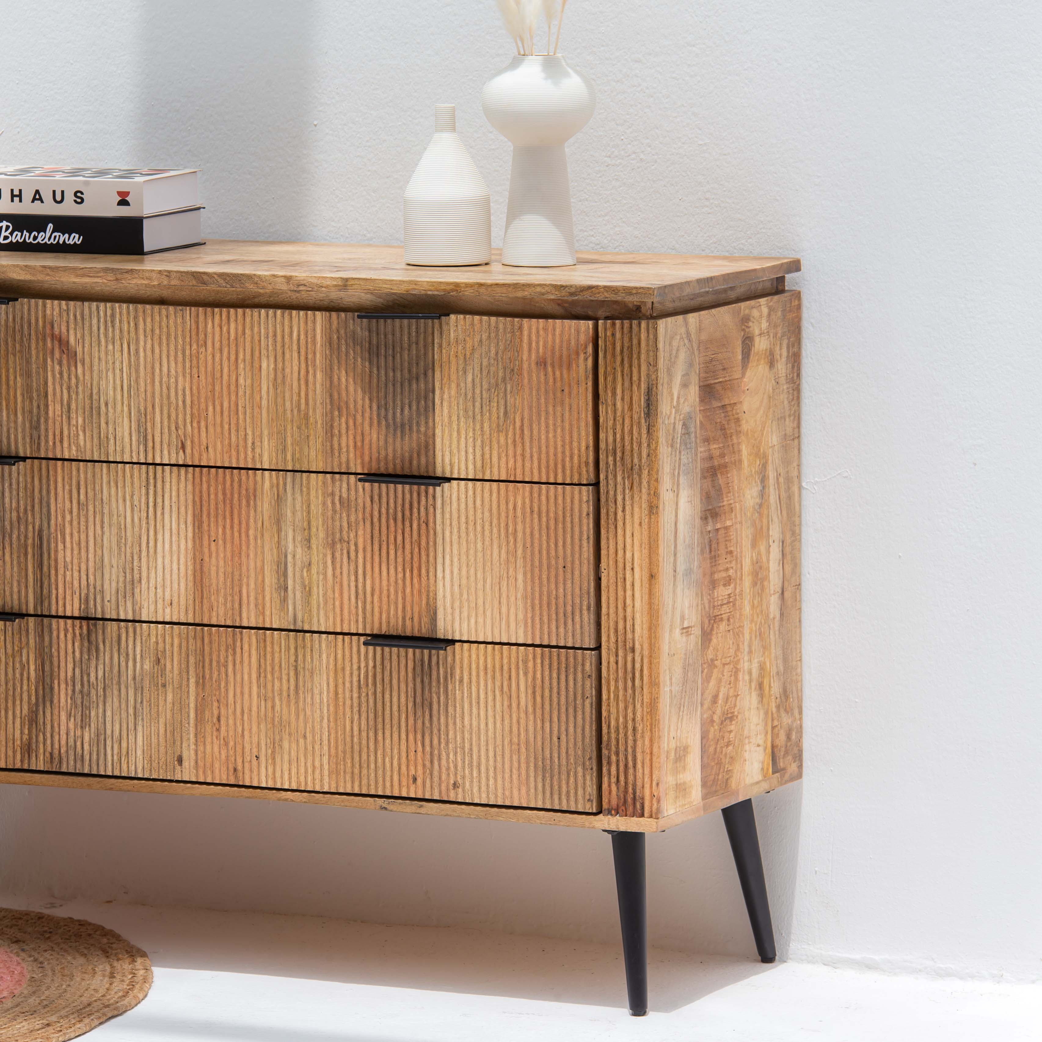 FLUTELINE WOODEN THREE DRAWER DRAWCHEST