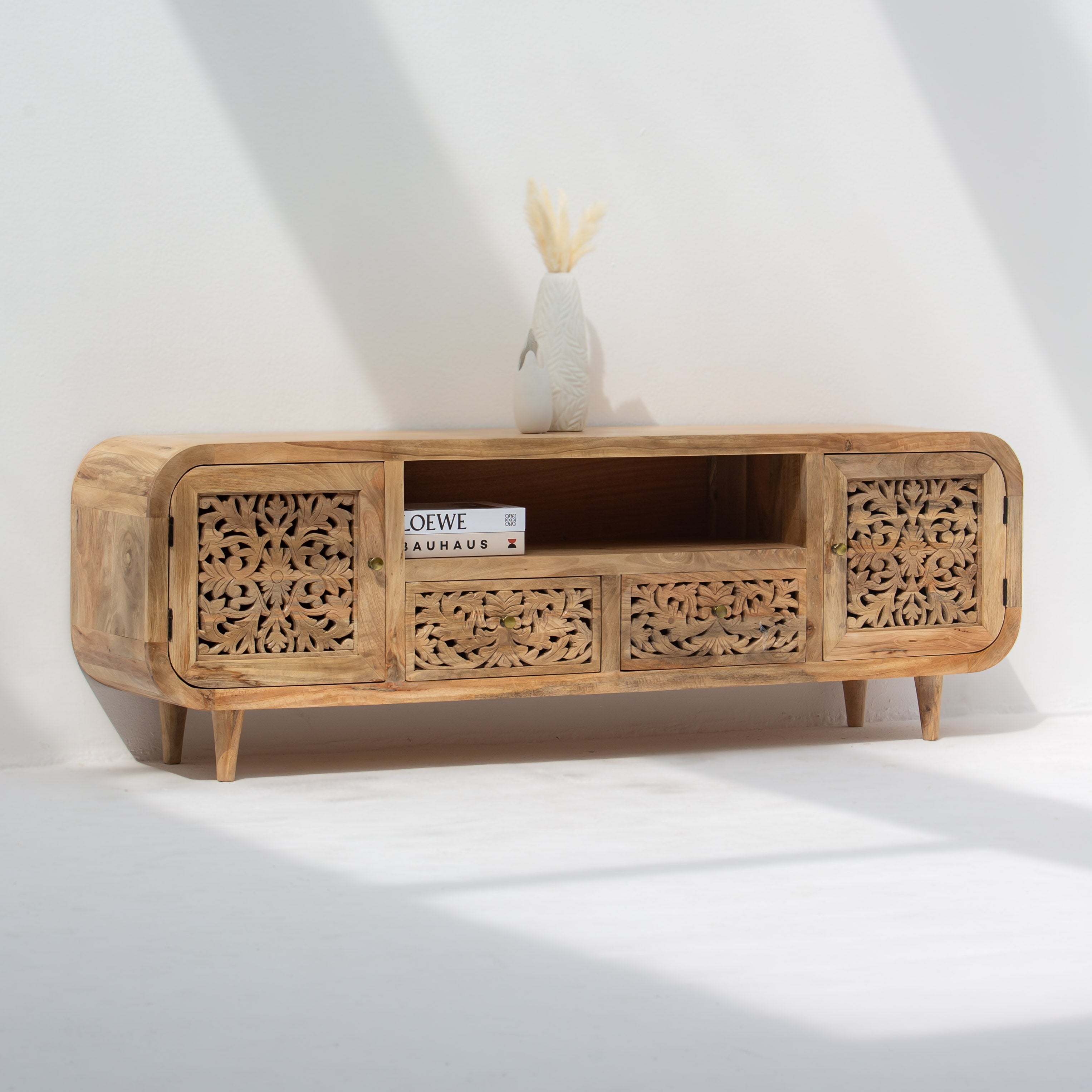 ZENVIA WOODEN CARVING TWO DOOR TWO DRAWER TV STAND