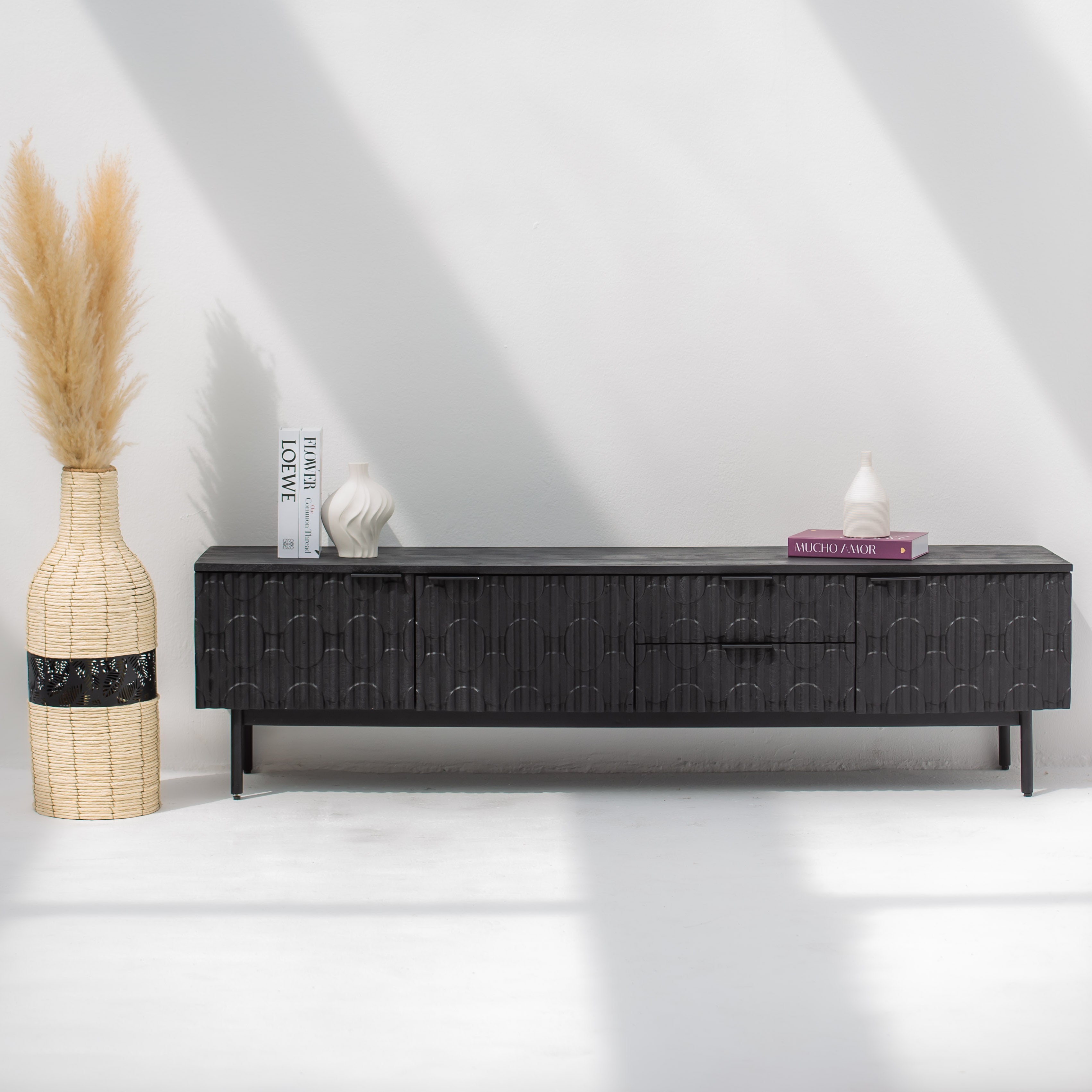 BLACK GALAXY TWO DRAWER THREE DOOR TV STAND