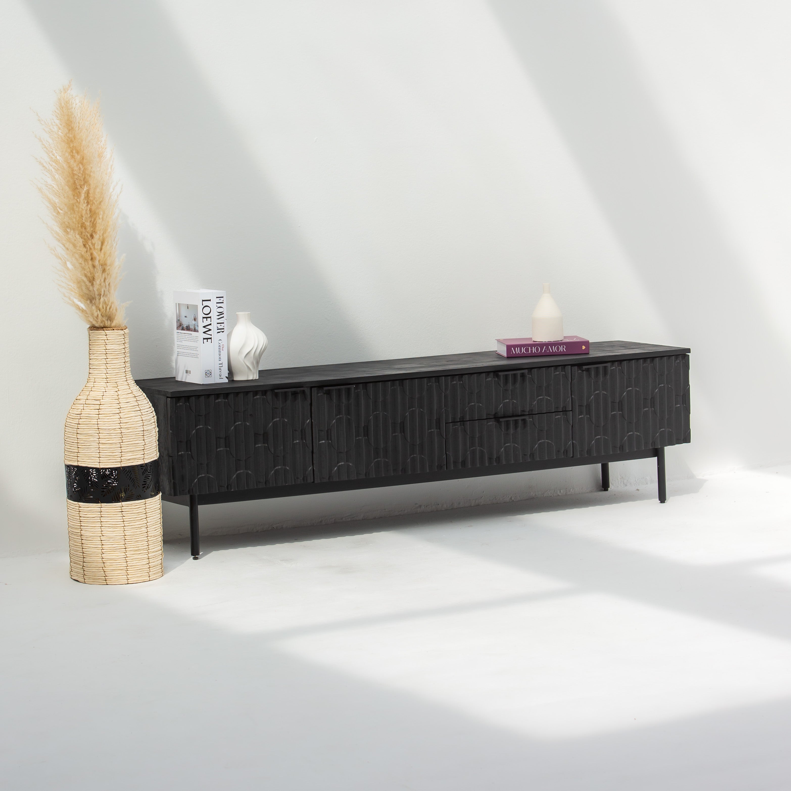 BLACK GALAXY TWO DRAWER THREE DOOR TV STAND