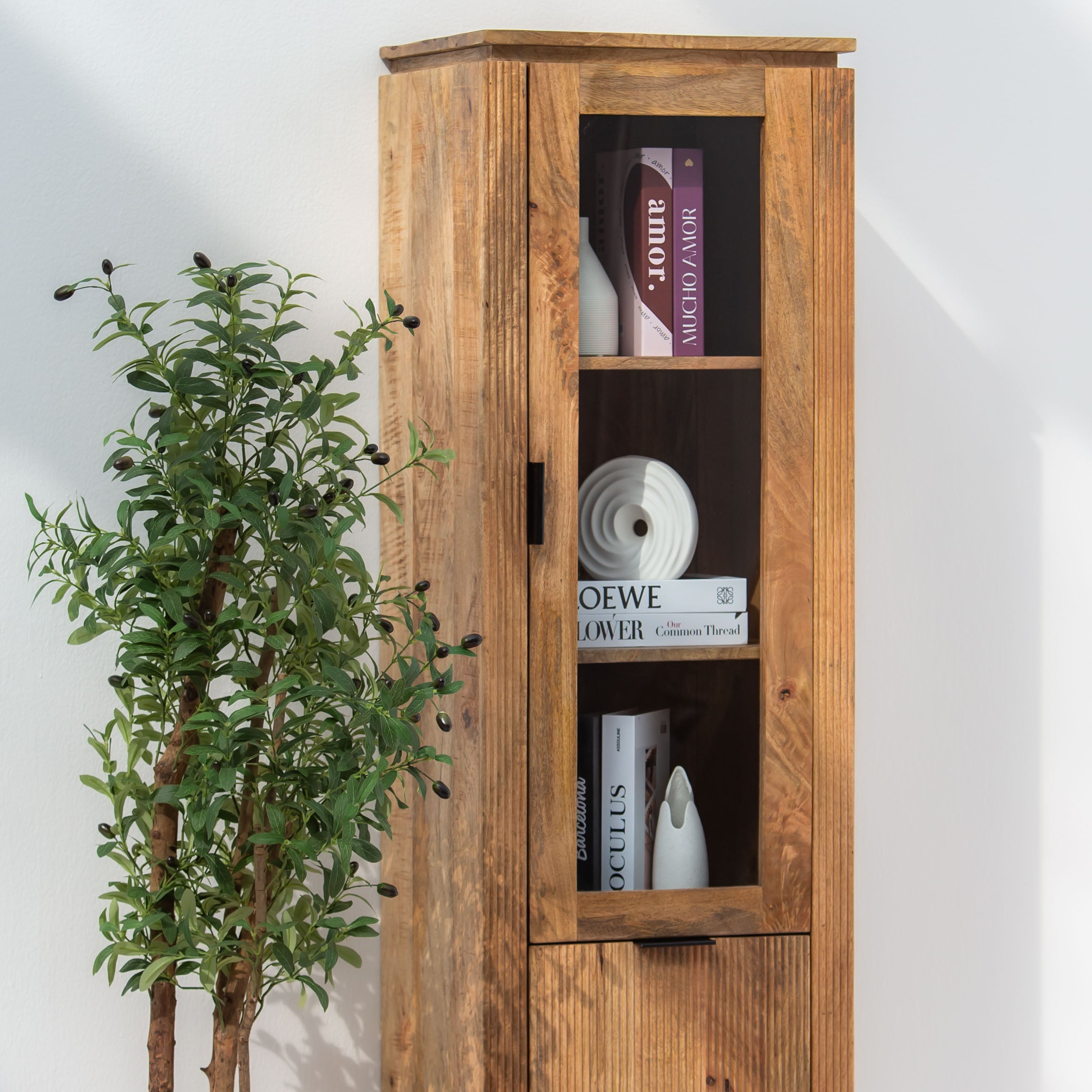 FLUTELINE WOODEN SIGNLE GLASS CABINET