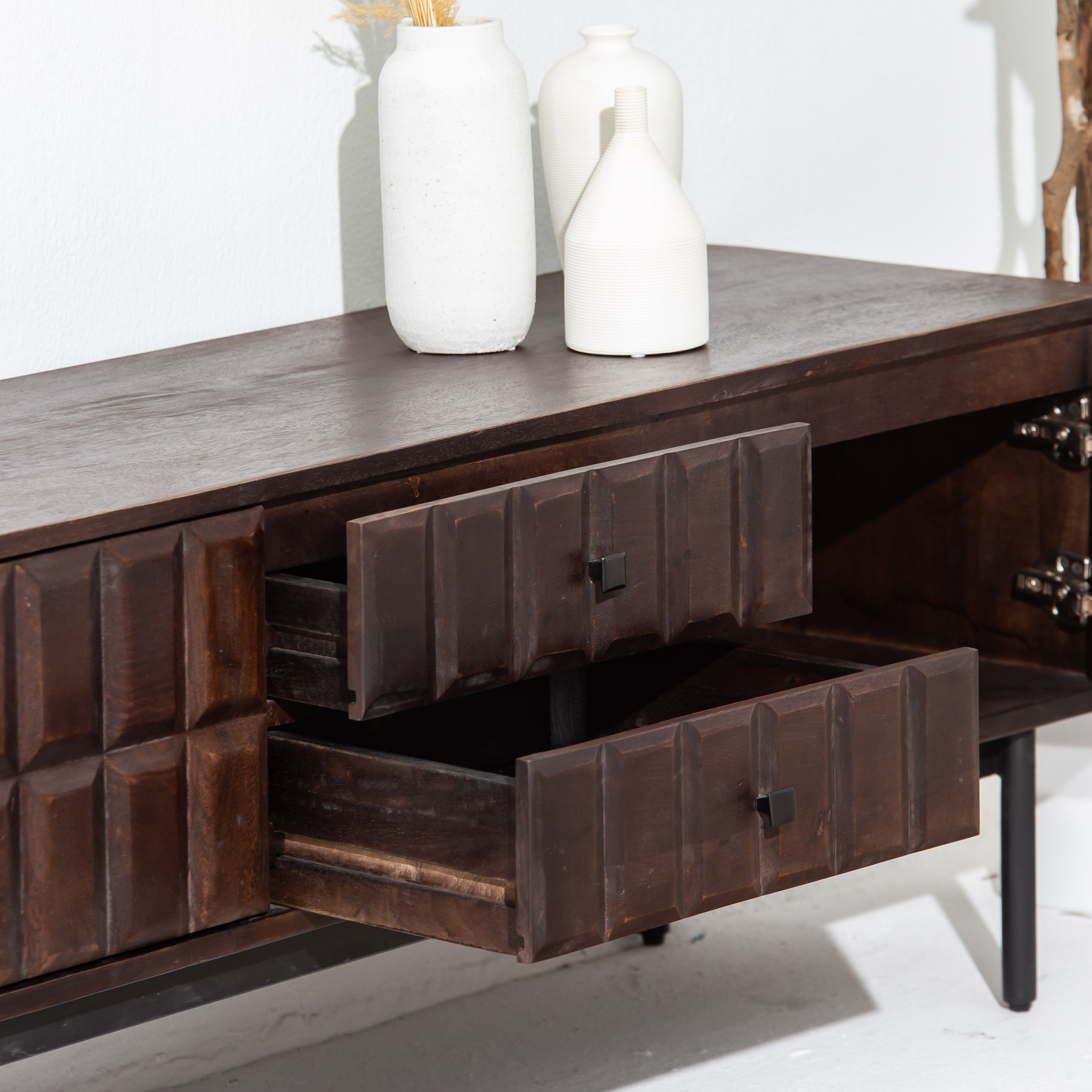 NUVOR WOODEN THREE DOOR TWO DRAWER TV STAND