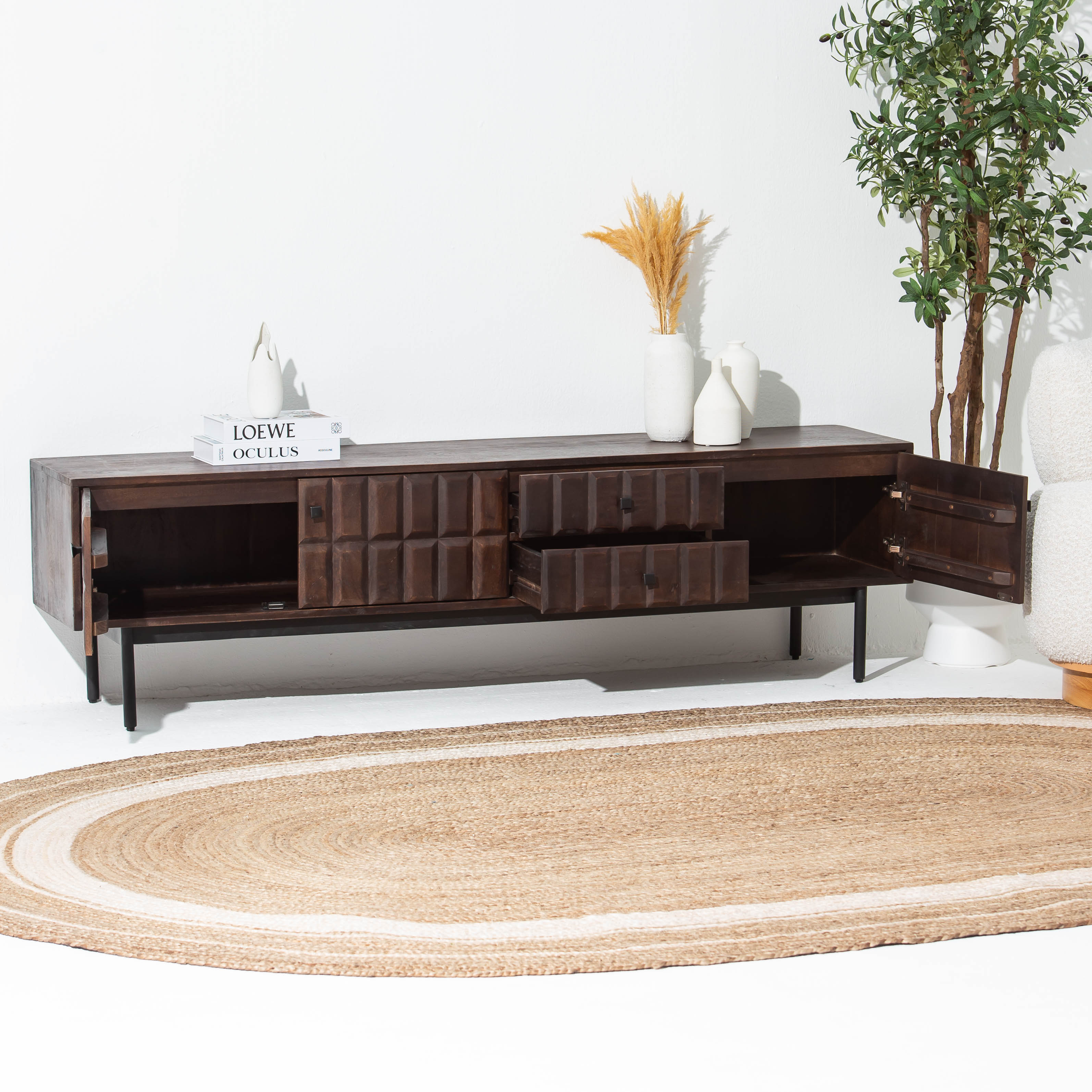 NUVOR WOODEN THREE DOOR TWO DRAWER TV STAND