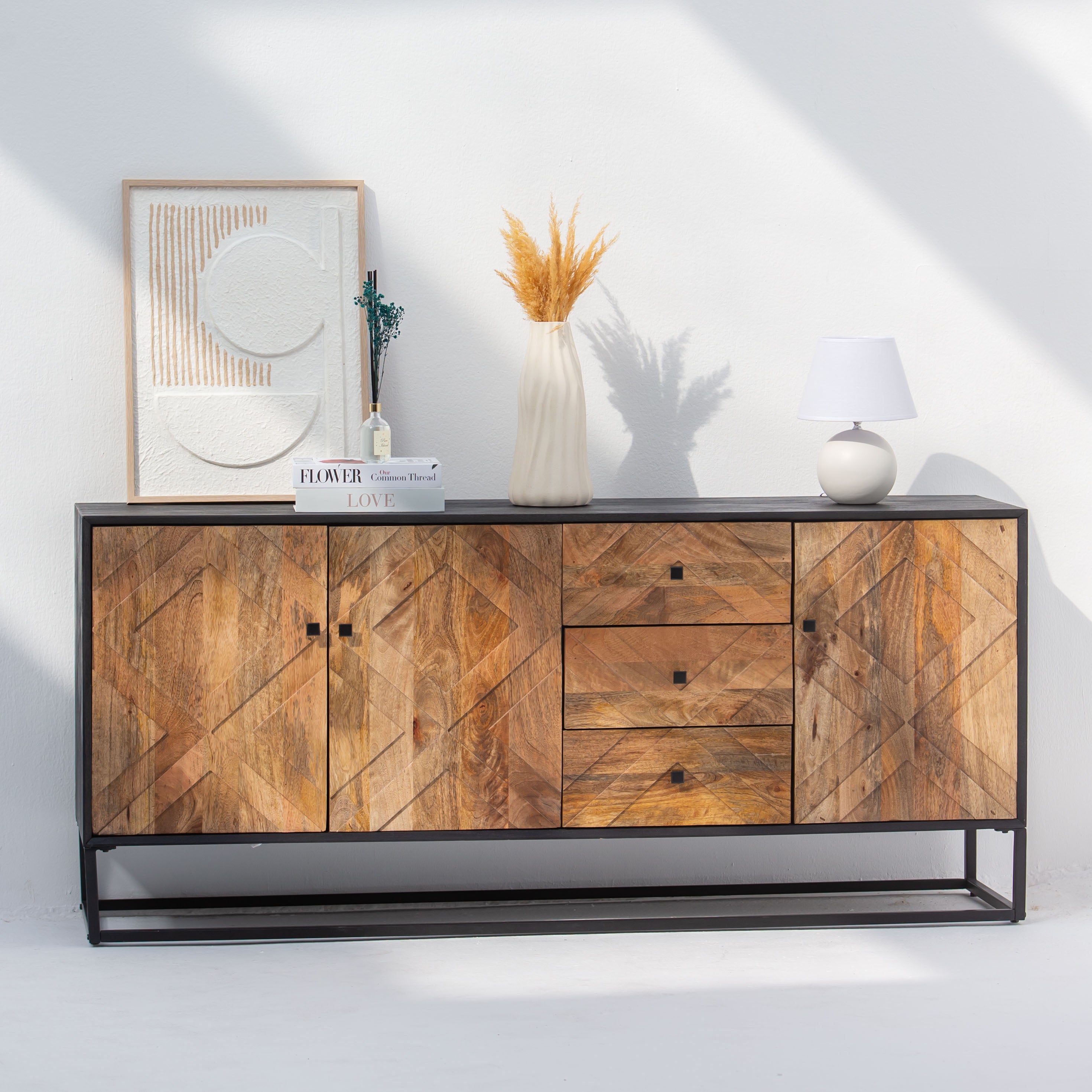 MORO WOODEN THREE DOOR THREE DRAWER SIDEBOARD