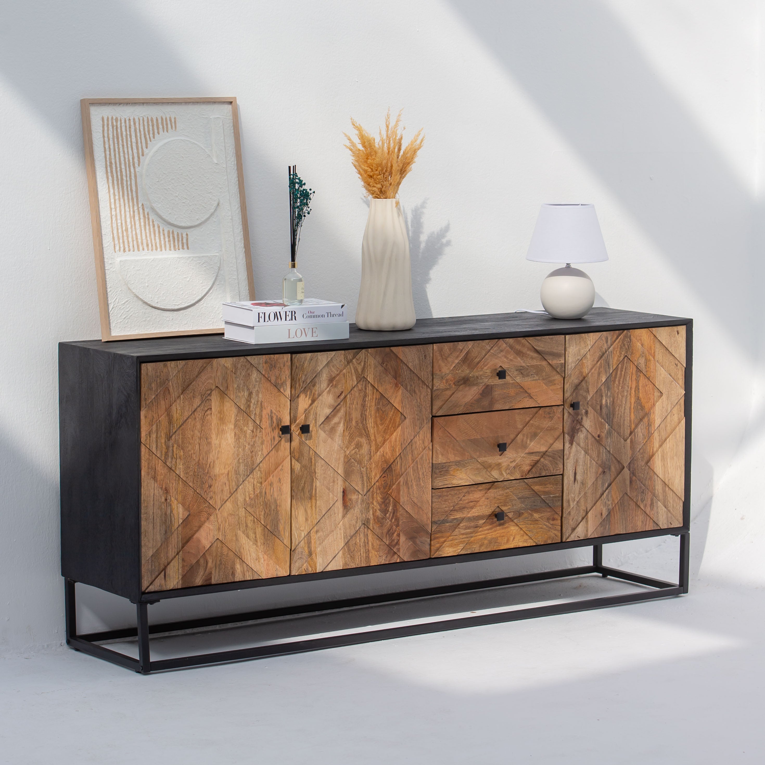 MORO WOODEN THREE DOOR THREE DRAWER SIDEBOARD