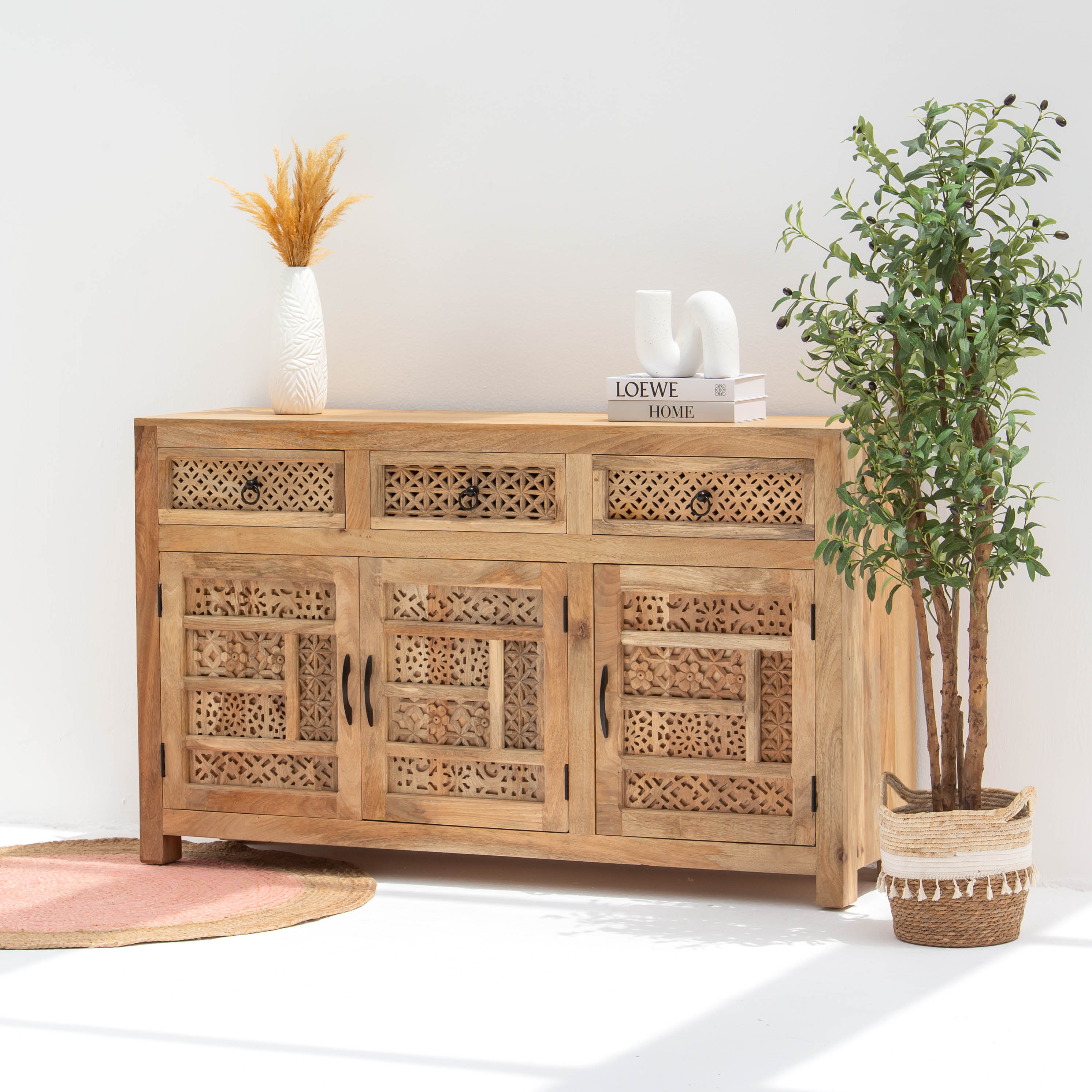SIERRA WOODEN THREE DOOR THREE DRAWER CARVING SIDEBOARD