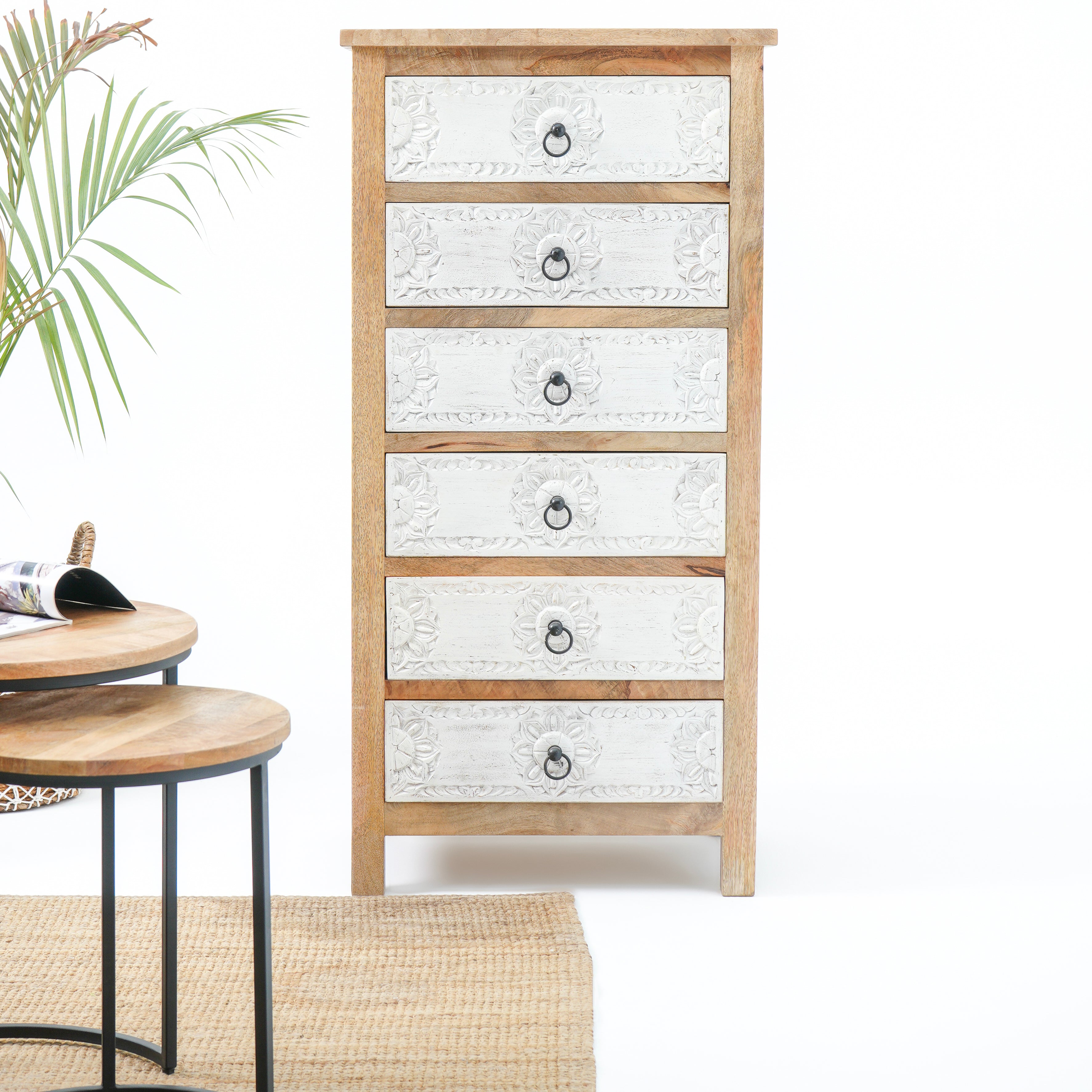 DARWIN SIX DRAWER CARVED CHEST OF DRAWERS - Art and craft furniture 
