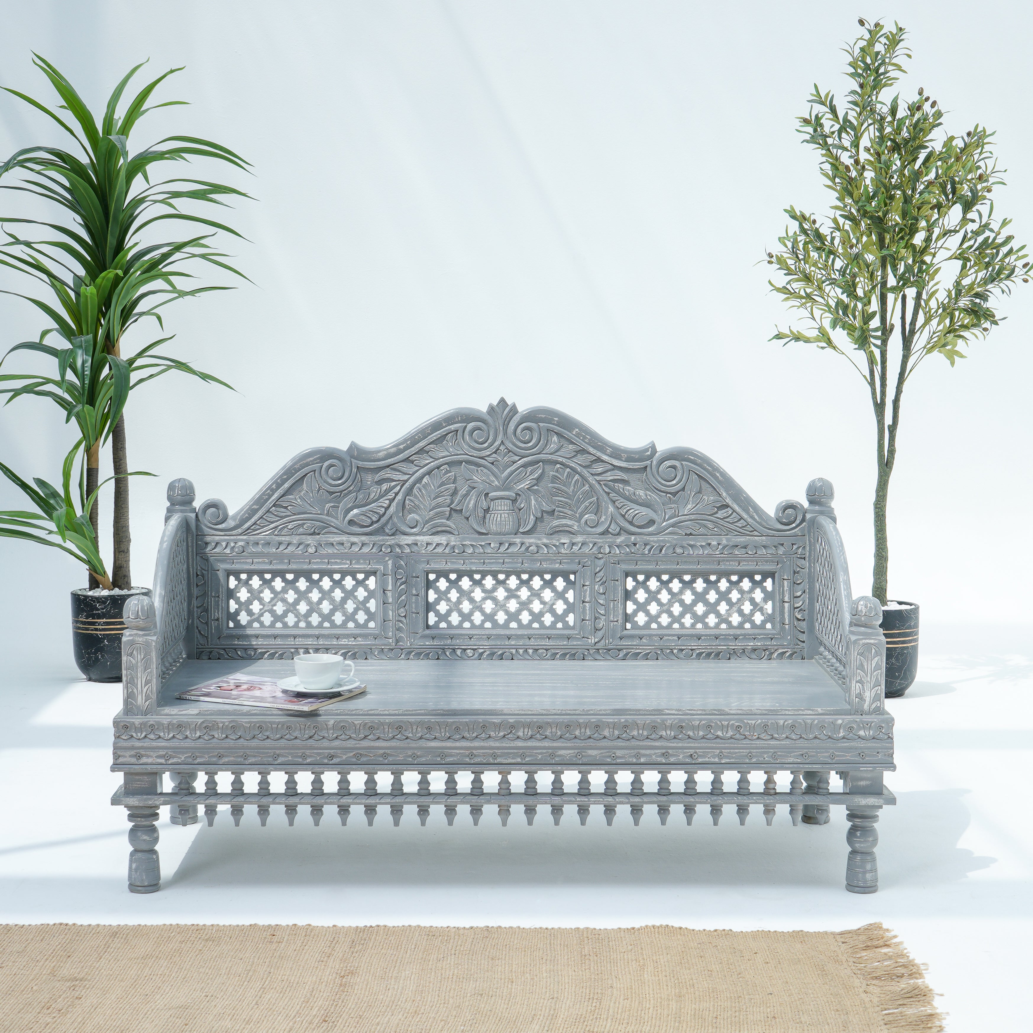 Wooden Grey Carwing Long  Sofa