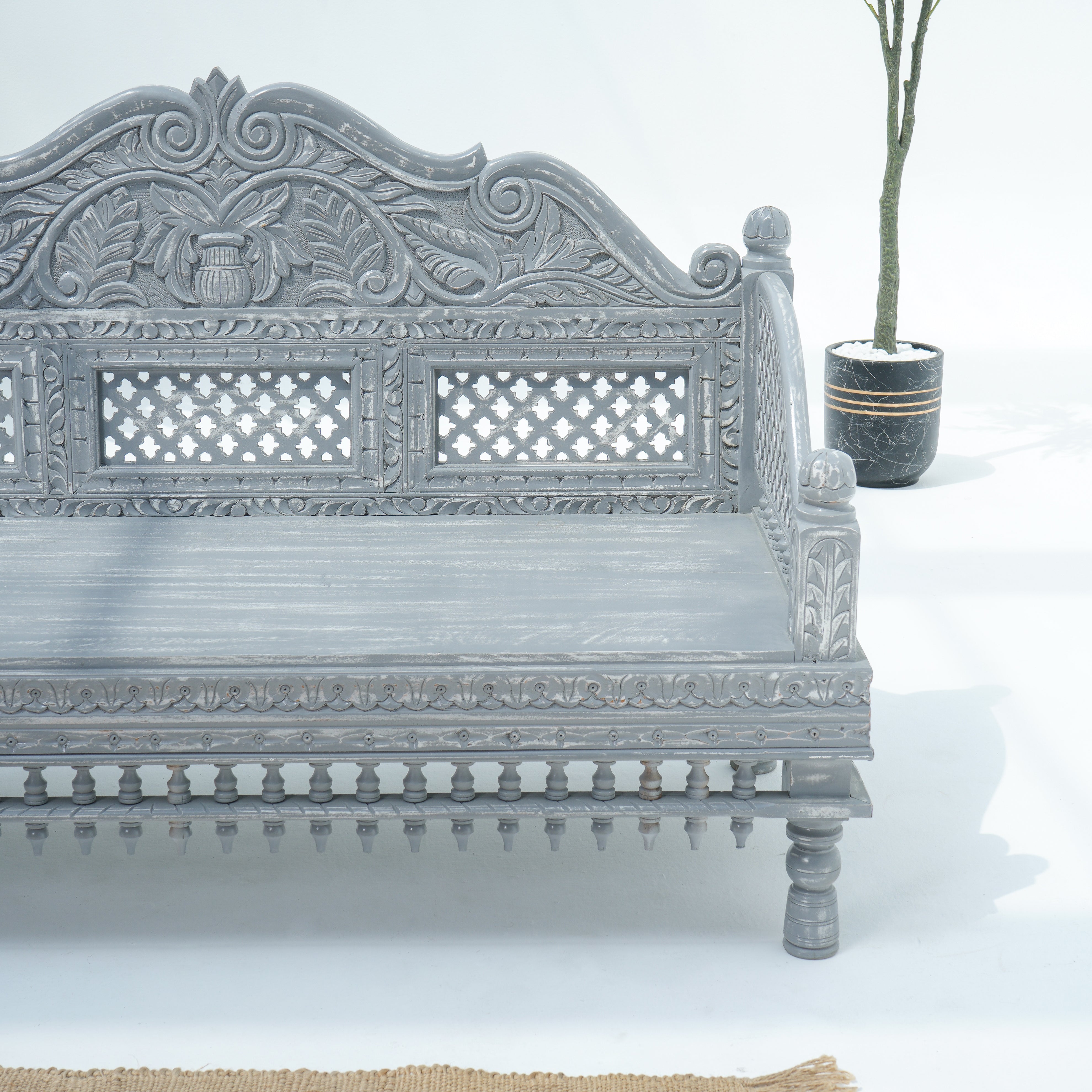 Wooden Grey Carwing Long  Sofa