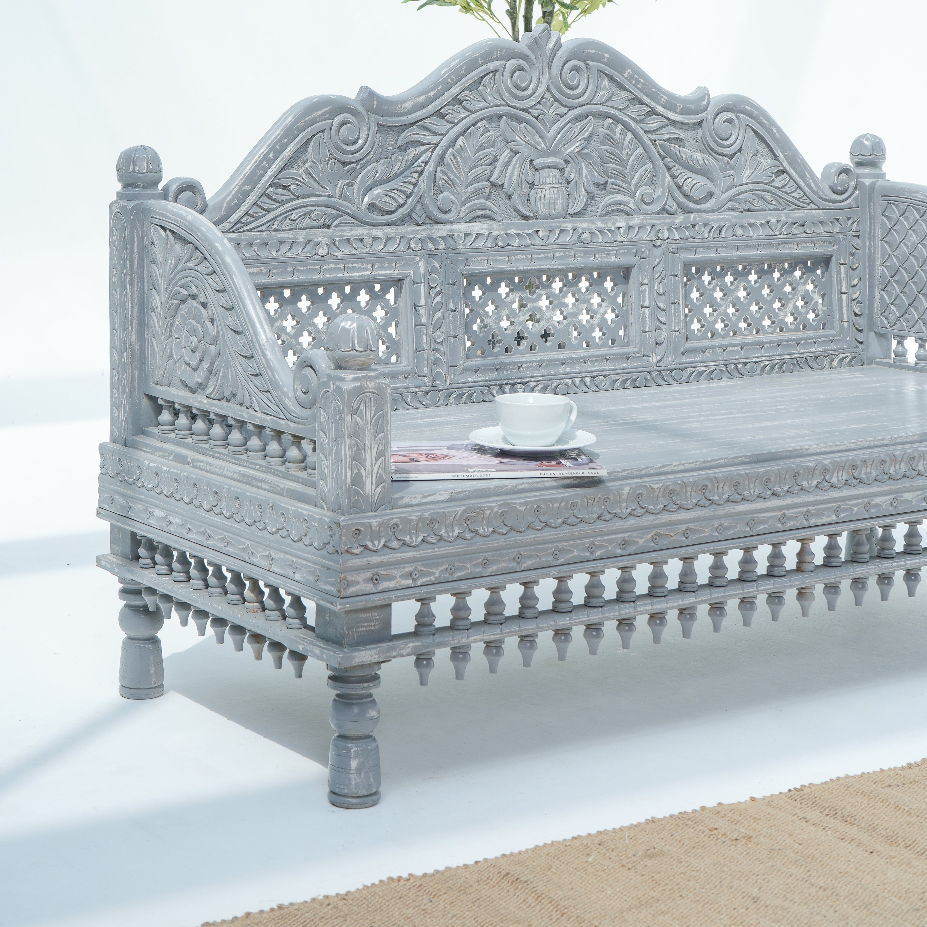 Wooden Grey Carwing Long  Sofa