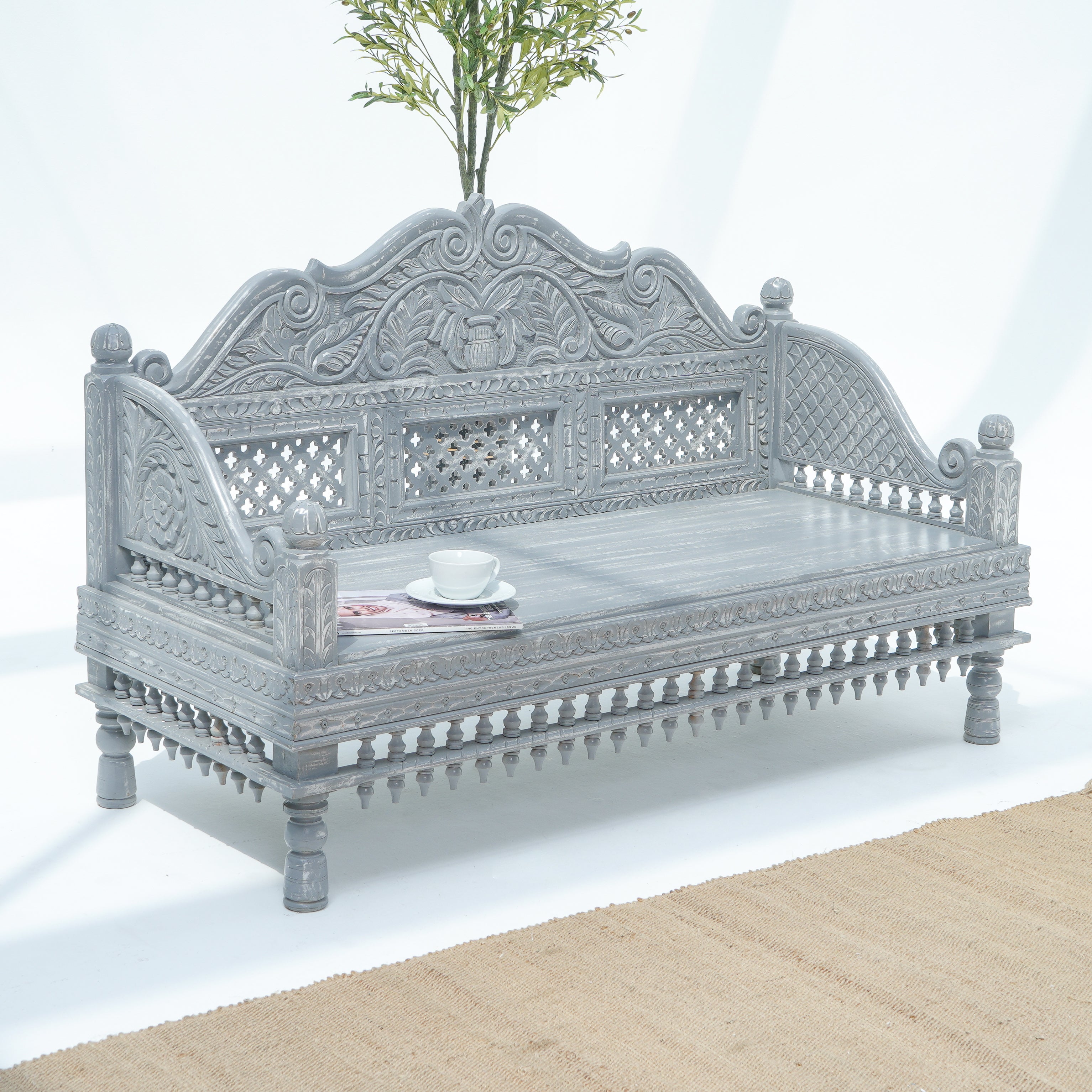 Wooden Grey Carwing Long  Sofa