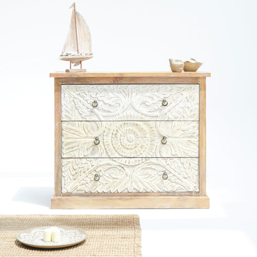 ARTISAN CRAFTED CARVED THREE DRAWER CHEST OF DRAWERS