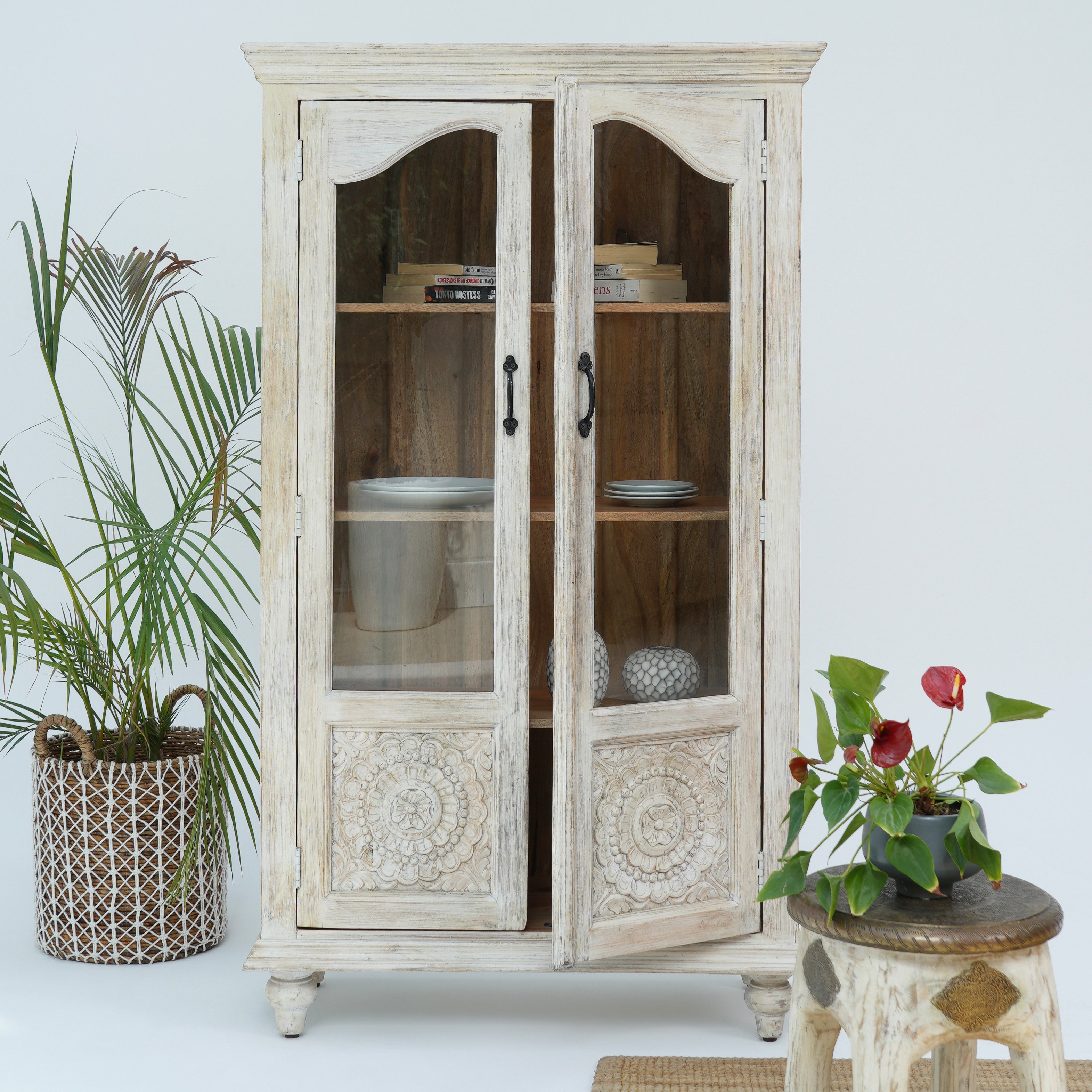 Charm Glass Door Carved Cabinet
