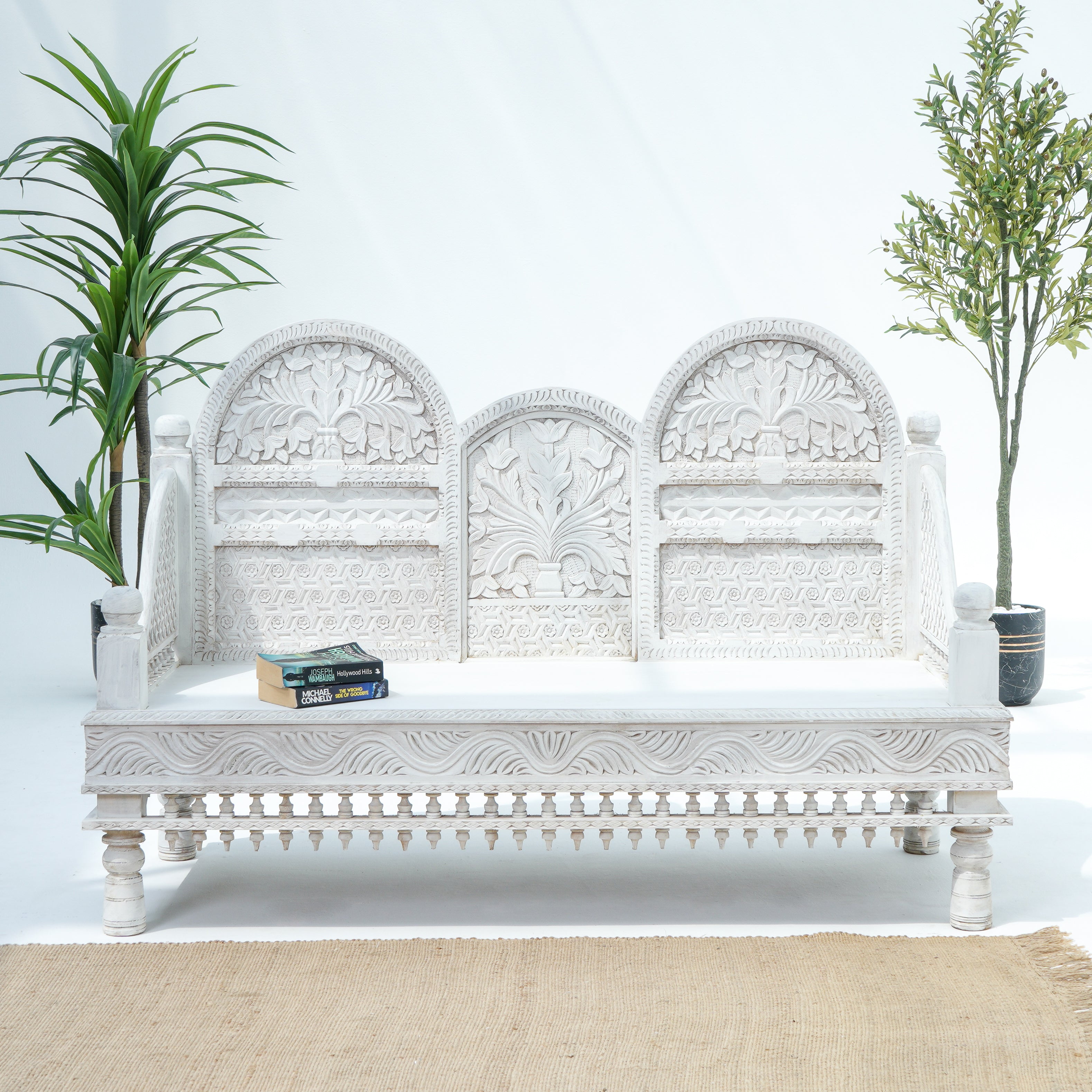 Wooden White Carwing Long  Sofa