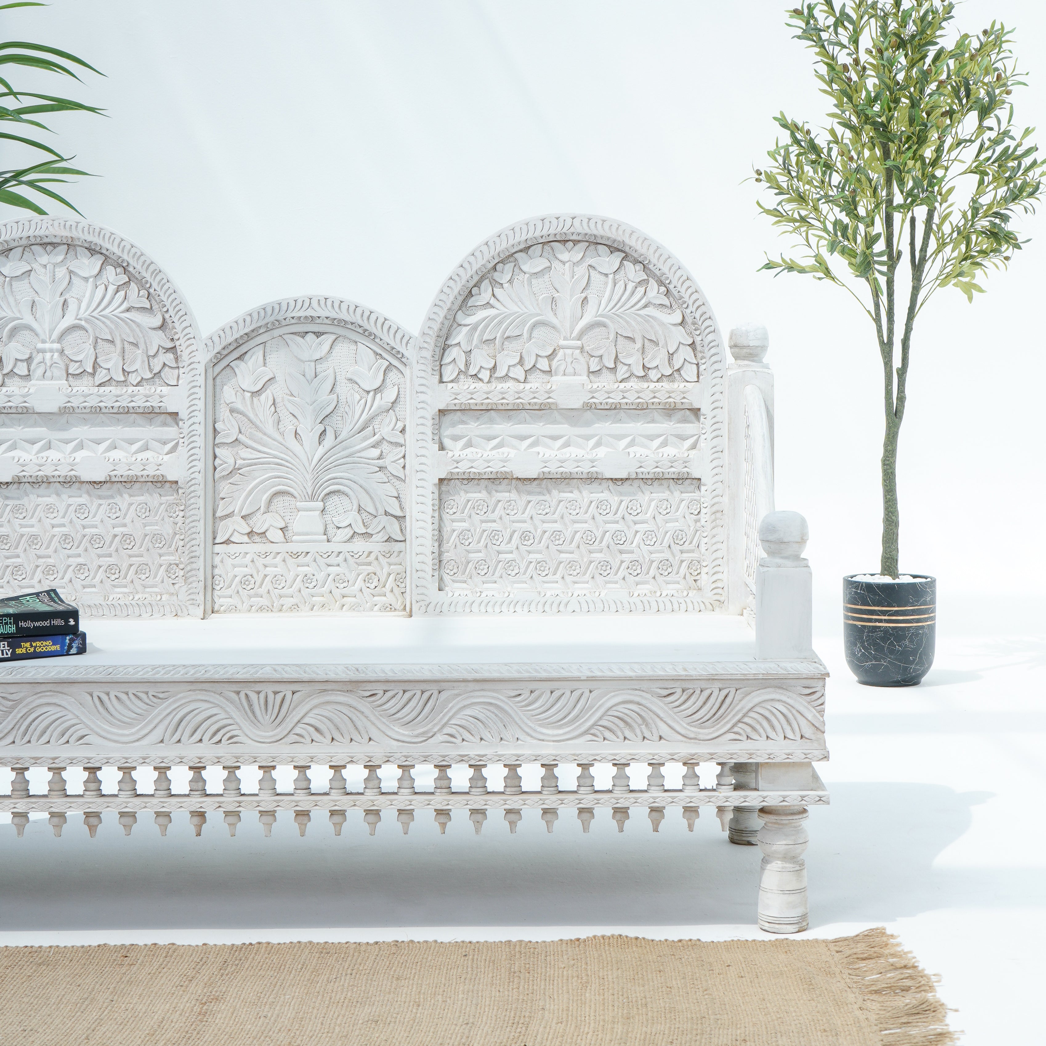 Wooden White Carwing Long  Sofa