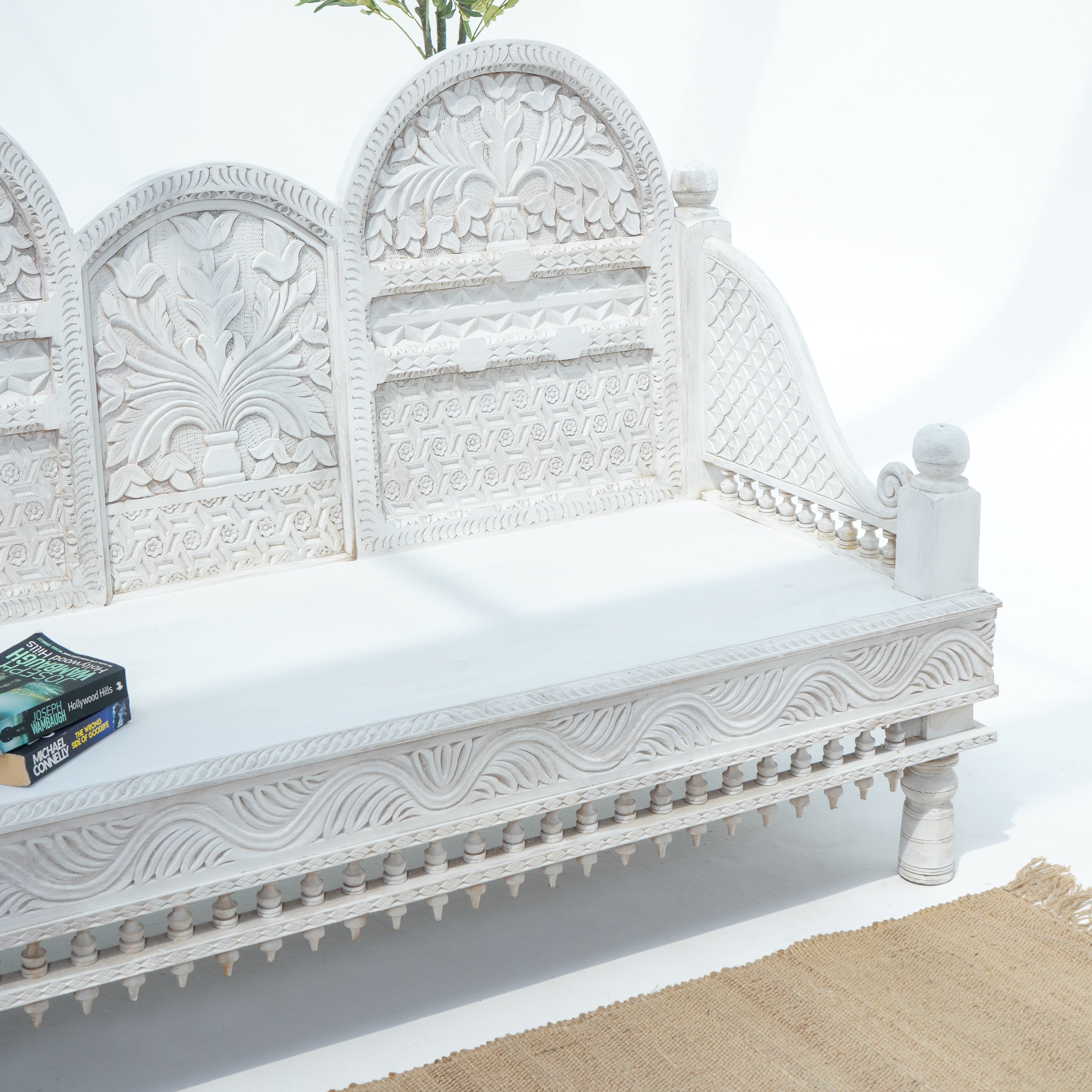 Wooden White Carwing Long  Sofa