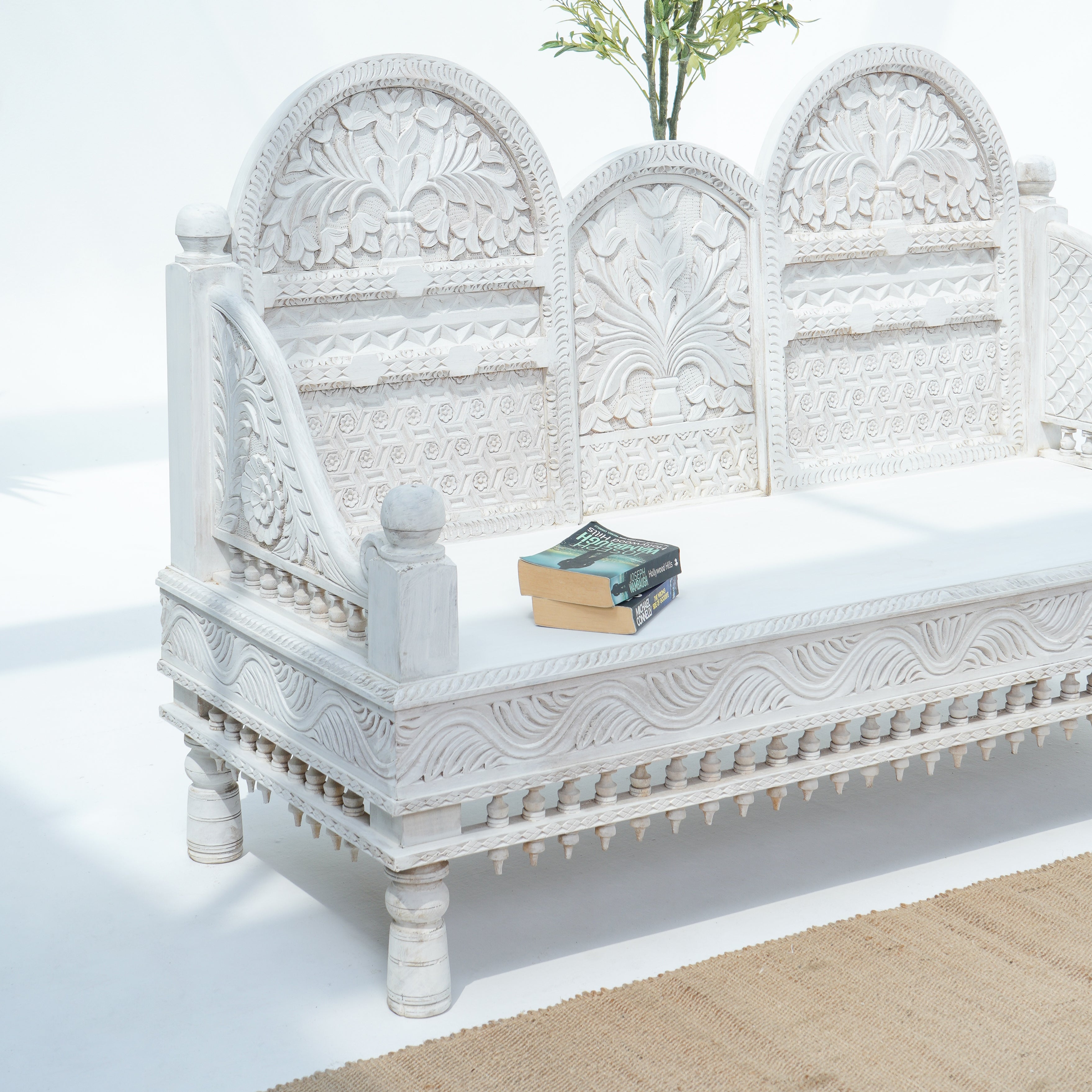 Wooden White Carwing Long  Sofa