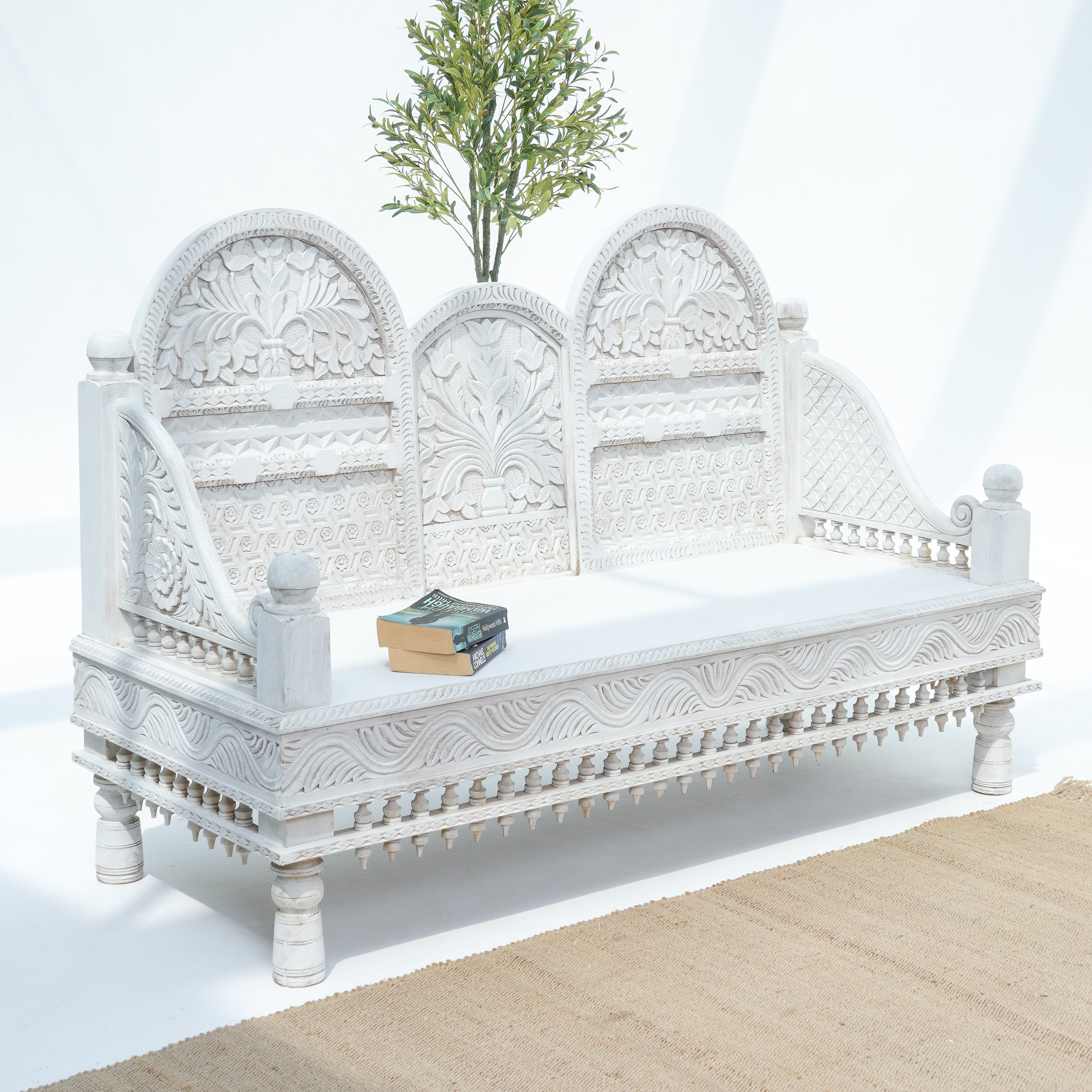 Wooden White Carwing Long  Sofa