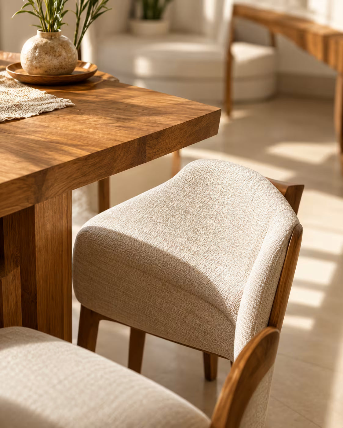 Upholstered dining chair beside a wooden table edge