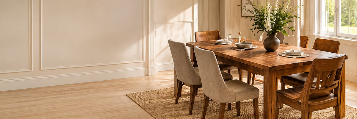 Solid wood dining table with upholstered chairs