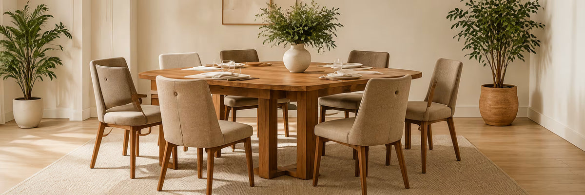 Dining table with six chairs and open space around it